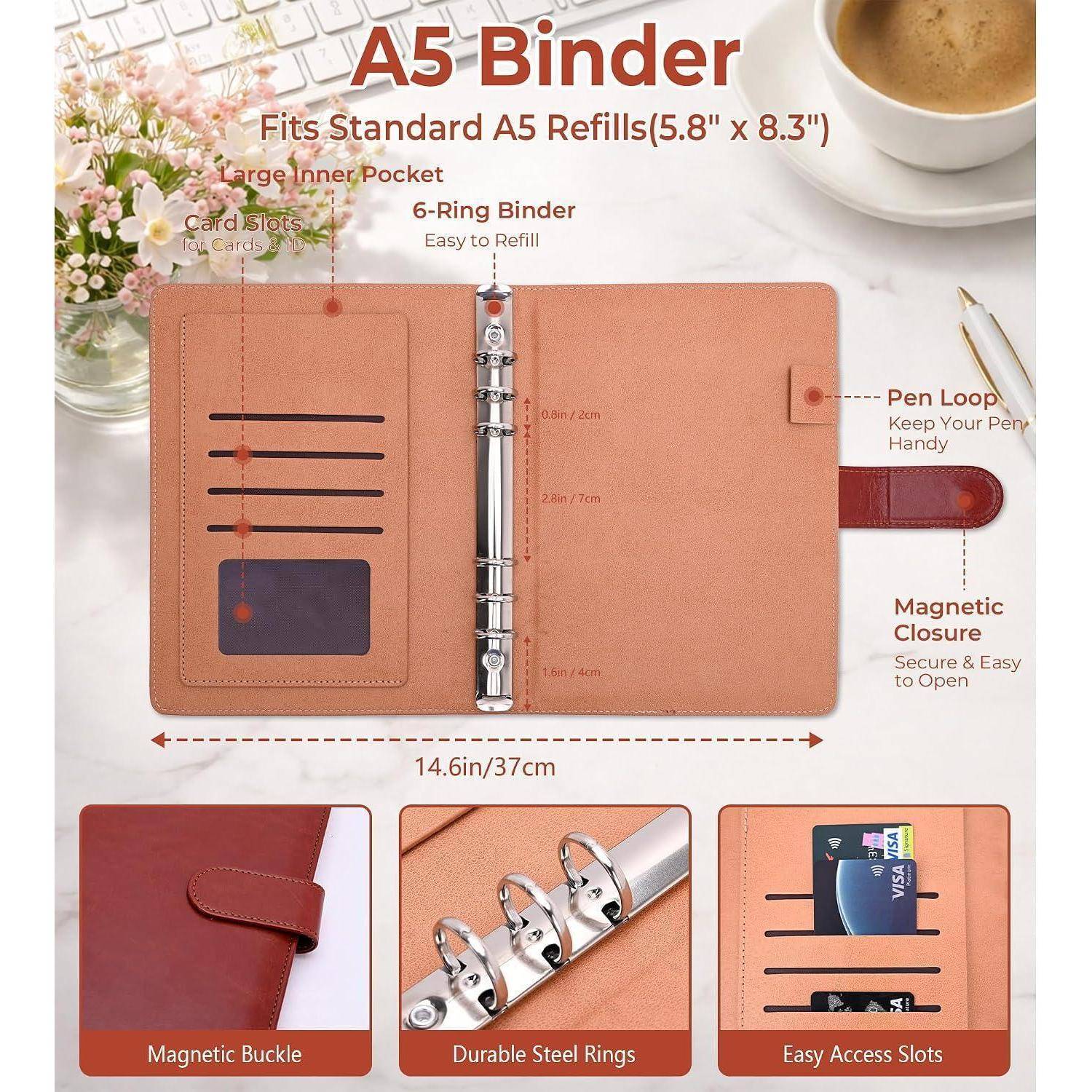 Ringbuch A5 Nachfüllbar, 6 Loch A5 Binder Notizbuch (Innenpapier Nicht Enthalten), Budget Binder Organizer Für Büro Schule und Reisearbeit(Braun)