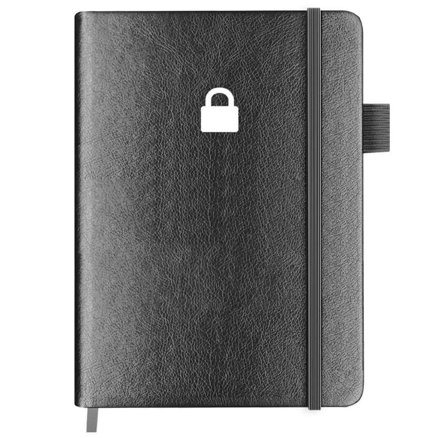 Geschlossenes schwarzes Ledernotizbuch mit einem weißen Schlosssymbol auf dem Umschlag und einem Gummiband, das auf sichere oder private Notizen hindeutet.