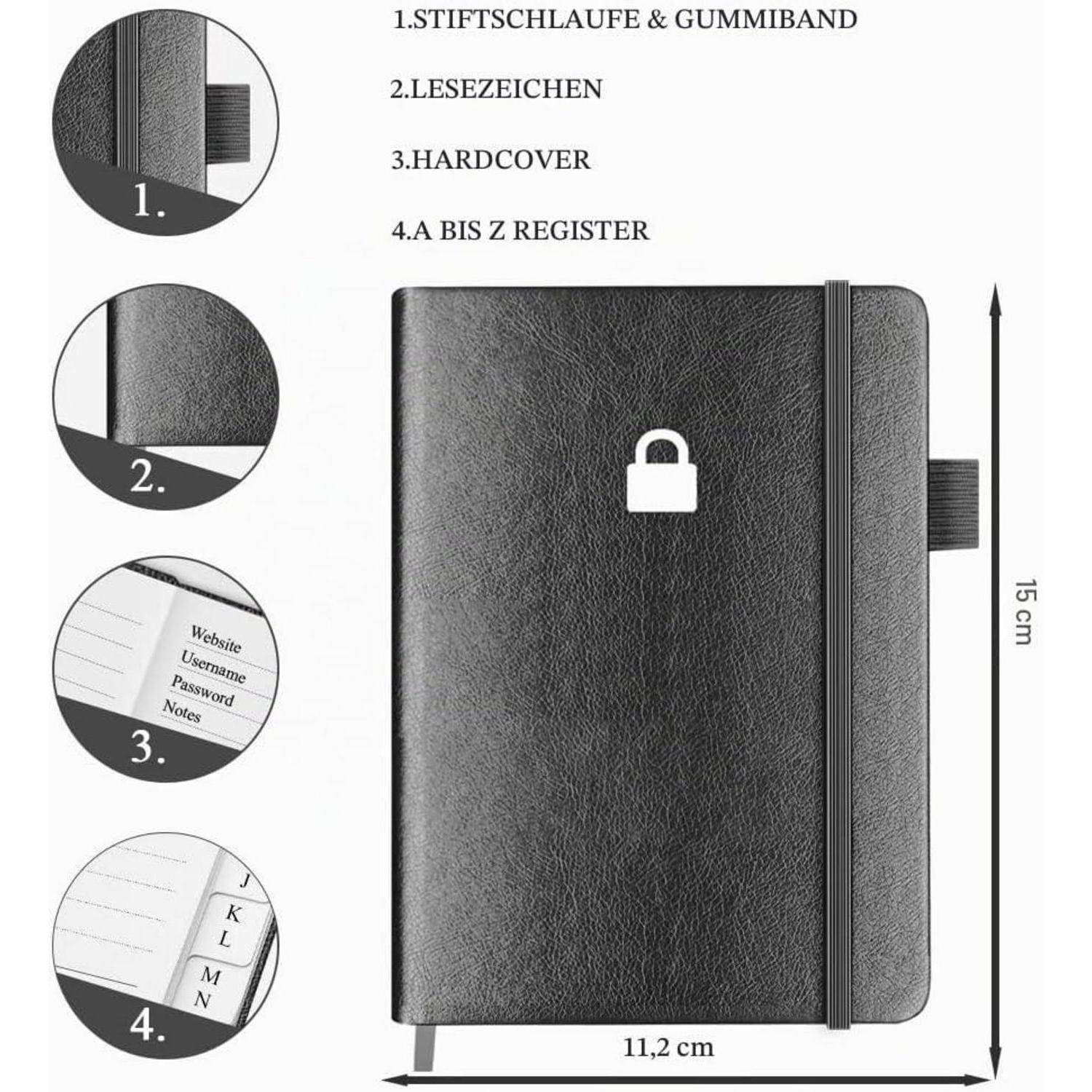 Abbildung eines verschlossenen Hardcover-Notizbuchs mit Gummiband, Lesezeichen und A bis Z Registerreiter; Größe mit 11,2 cm x 15 cm gekennzeichnet.