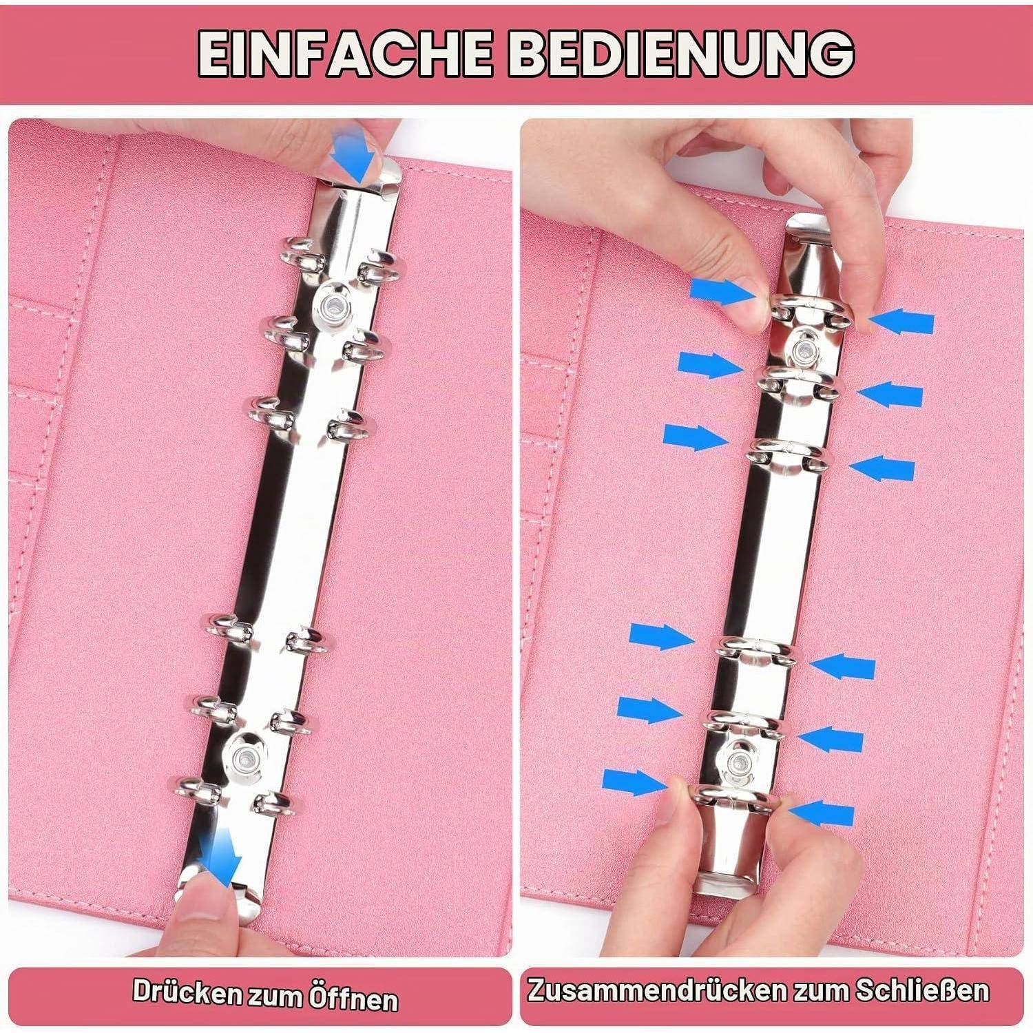 Diagramm, das einen Metallringordner auf einem rosa Umschlag zeigt: Drücken Sie die oberen und unteren Enden, um zu öffnen, drücken Sie die Ringe zusammen, um zu schließen.