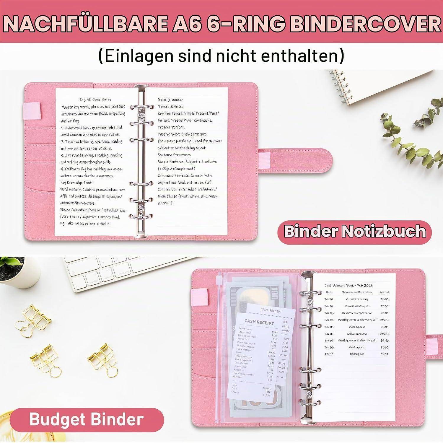 Rosa A6 6-Ring-Bindernotizbuch mit nachfüllbaren Seiten und Reißverschlusstasche, geöffnet; Textetiketten lesen 