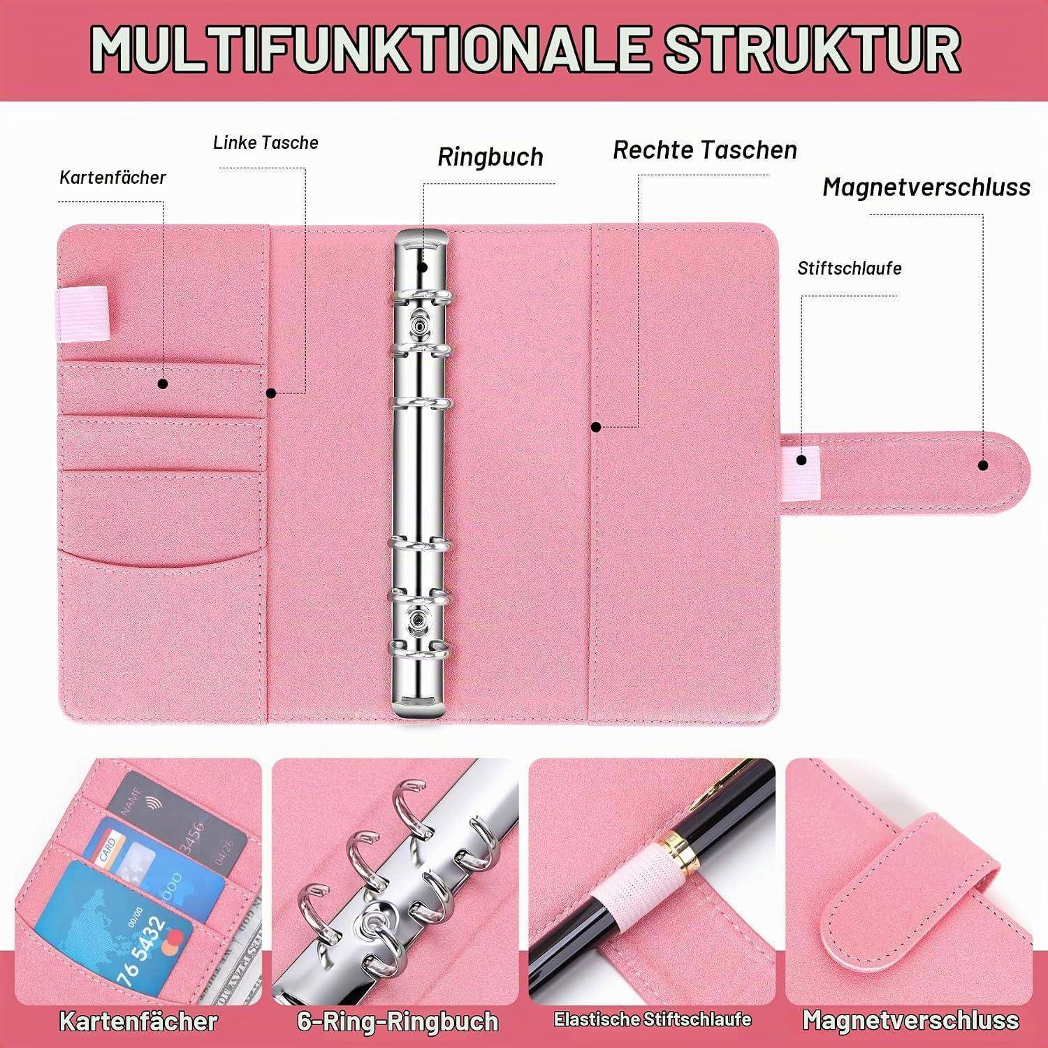 Rosa multifunktionaler Ringordner-Organizer mit Kartensteckplätzen, linken und rechten Taschen, Stiftschlaufe und magnetischem Verschluss, gezeigt mit detaillierten Nahaufnahmen der Funktionen.
