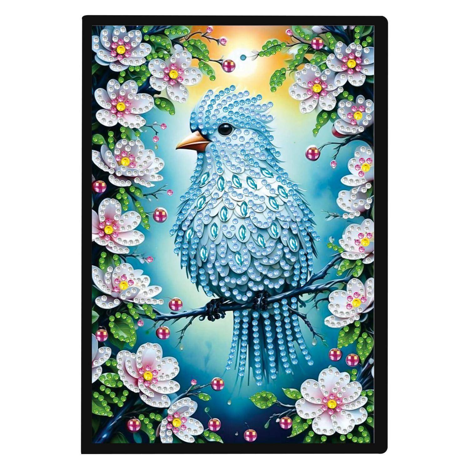 Dekorative Illustration eines blauen, mit Juwelen besetzten Vogels, der auf einem Ast sitzt, umrahmt von weißen Blüten und grünen Blättern.