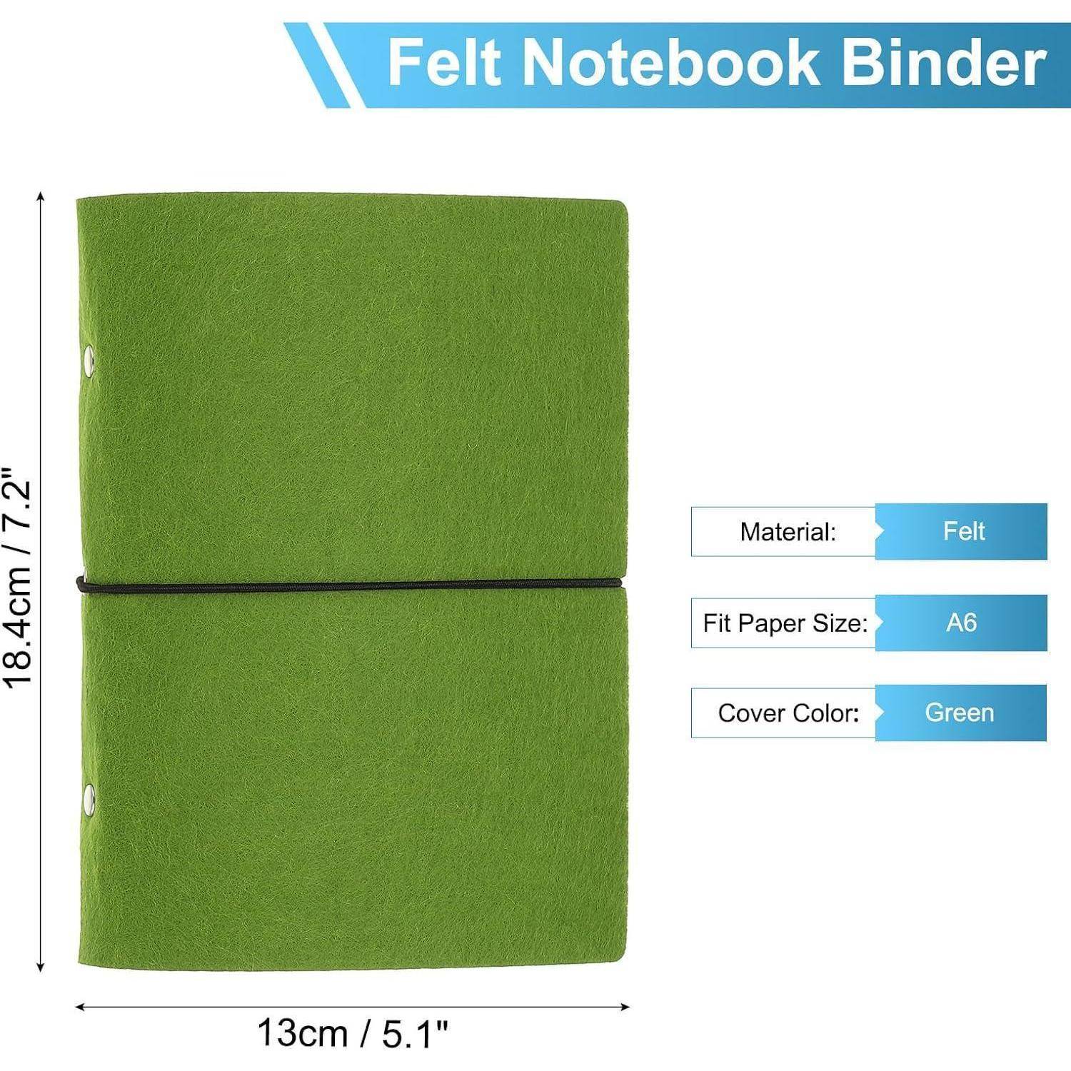 Grünes Filz-Notizbuch-Ordner für A6-Papier, in Vorderansicht mit Maßen 18,4 cm x 13 cm und Beschriftungen für Material, Größe und Einbandfarbe.