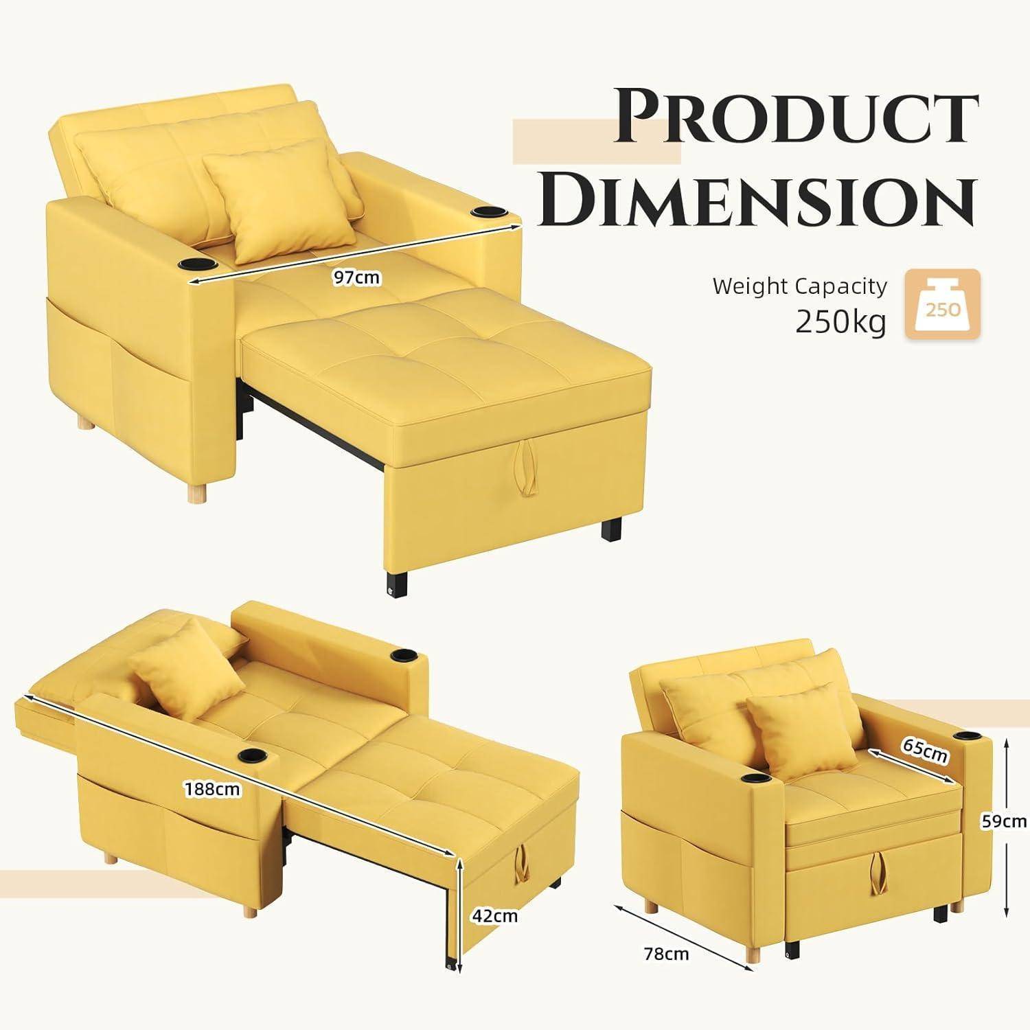 Diagramm eines gelben Schlafsofa mit Abmessungen 97cm, 188cm, 78cm, 65cm, 59cm und 42cm, das eine Tragfähigkeit von 250kg zeigt.