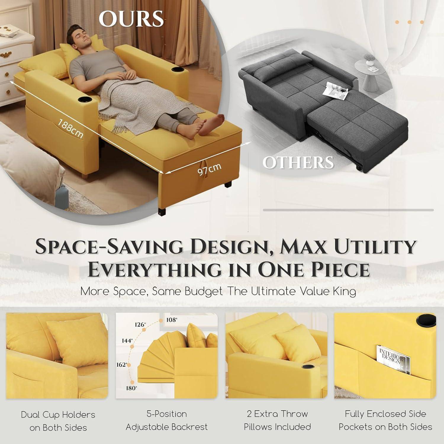 Werbebild eines gelben Klappschlafsofa mit Maßangaben, verglichen mit einem grauen Modell von "anderen""; hebt das platzsparende Design, Getränkehalter, verstellbare Rückenlehne, Wurfkissen und Seitentaschen hervor.
