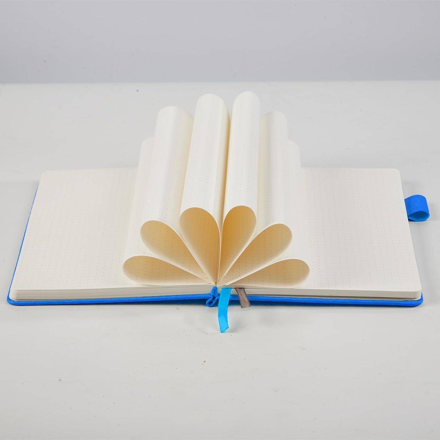Aufgeschlagenes Notizbuch mit zu einem blütenartigen Fächer gefalteten Seiten, aufrecht in der Mitte auf weißem Hintergrund stehend.