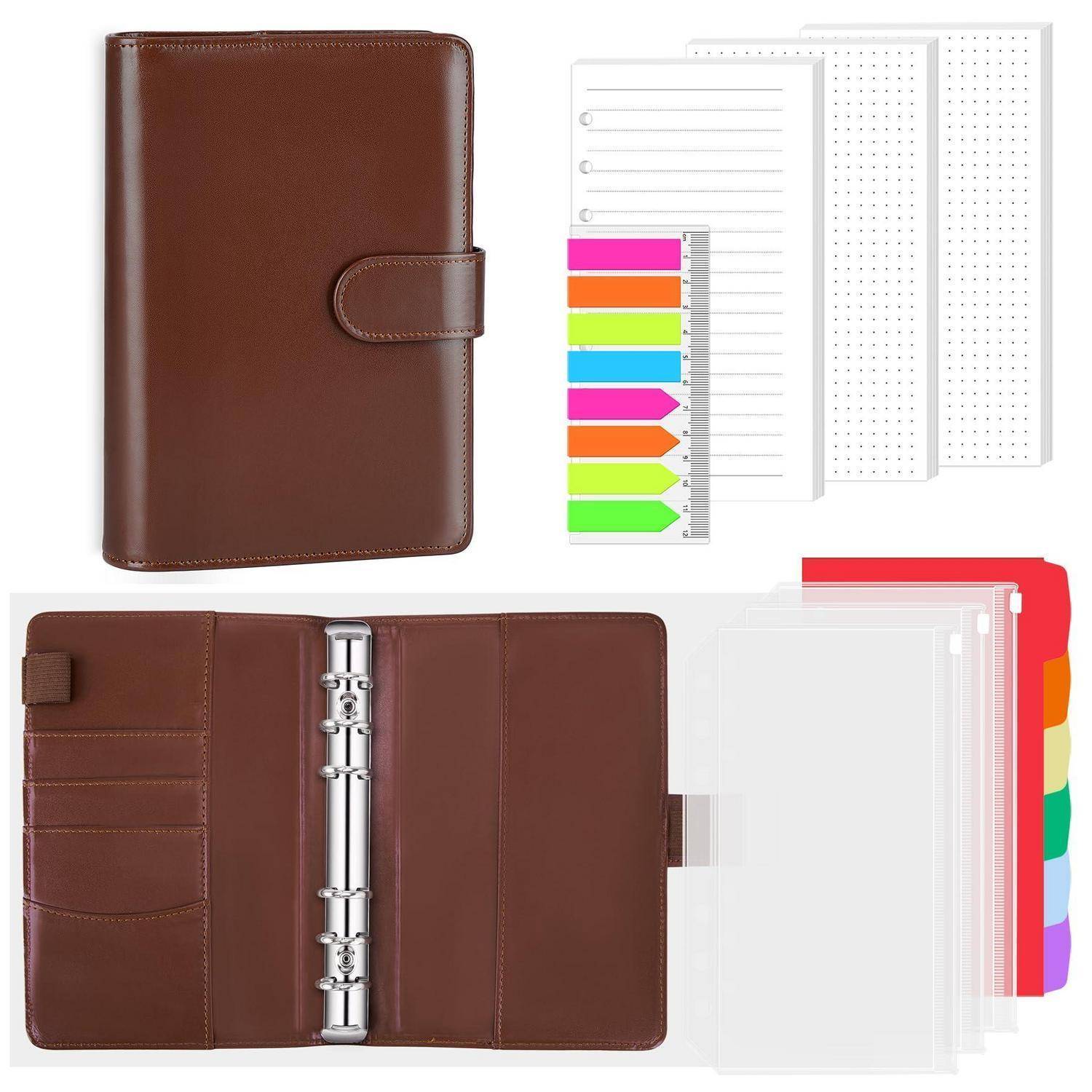Brauner Lederringordner-Planer, geschlossen, offen und mit Registerreitern und linierten Seiten; ein anpassbarer Organizer mit Taschen und Nachfüllpackungen.