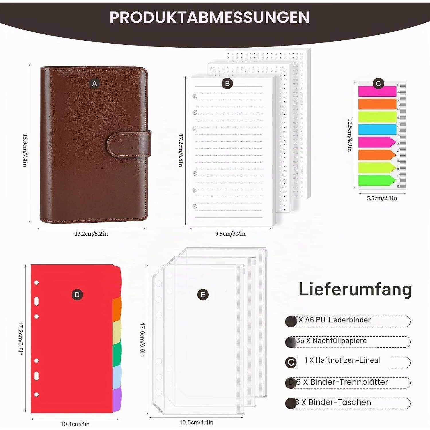 Produktmessungen und enthaltene Artikel für einen braunen Kunstlederbinder-Planer, Nachfüllpapier, Haftnoten-Registerkarten, Trennblätter und Binderumschläge.