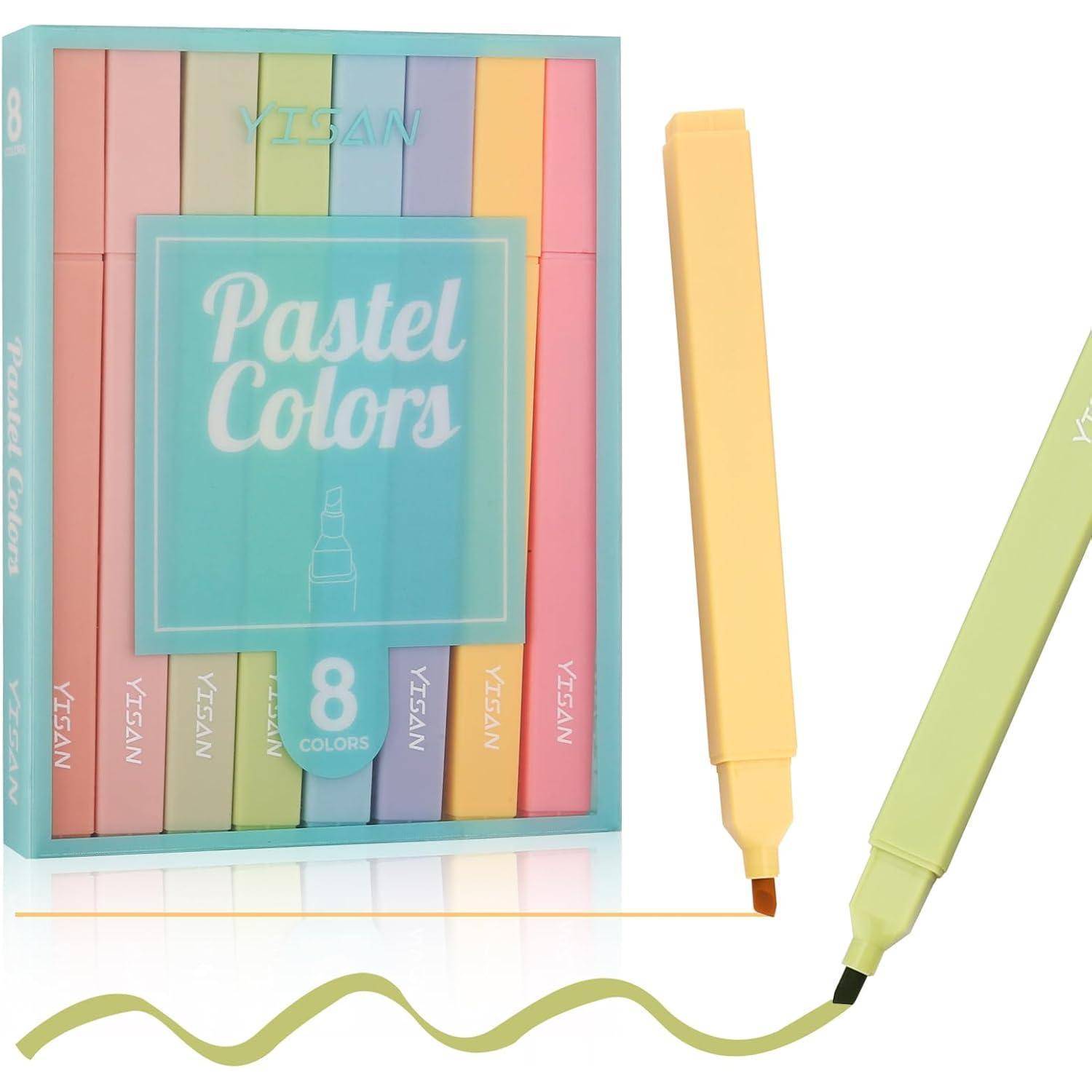 Pastellfarbiger Markerstift-Set in einer Schachtel mit zwei Markern, die wellige Linien zeichnen und acht weiche Farben zeigen.