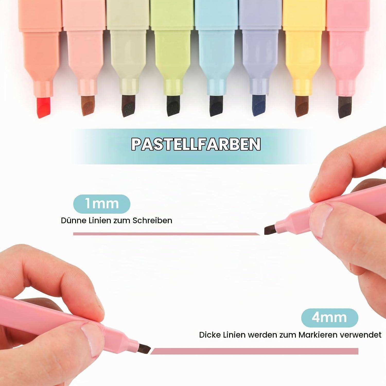 Pastellfarbene Textmarker mit 1mm feinen Linien zum Schreiben und 4mm breiten Linien zum Markieren, mit Beispielstrichen.
