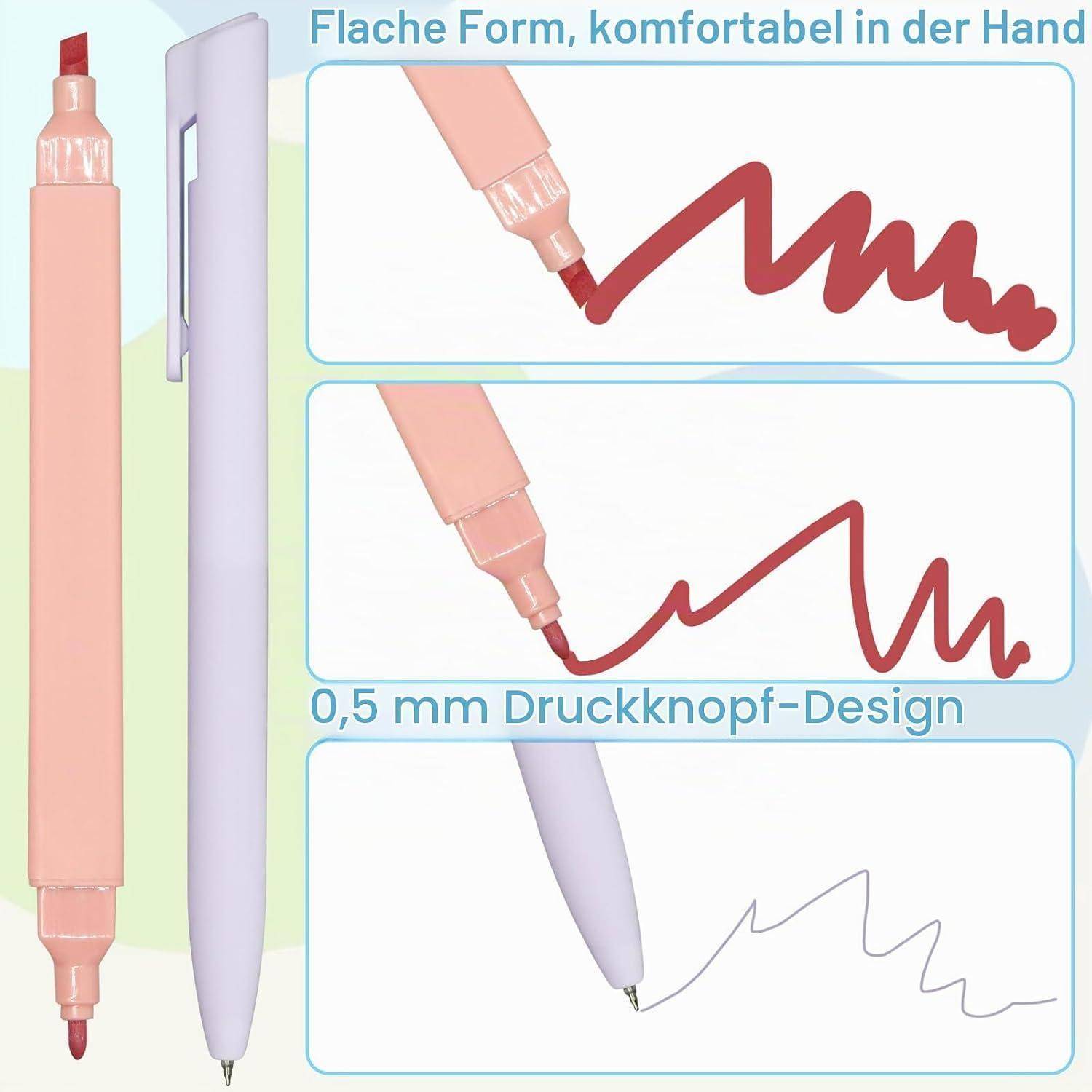 Illustration eines flachen, stiftförmigen Markers, der dicke und dünne Striche zeigt; deutscher Text besagt „Flache Form, komfortabel in der Hand