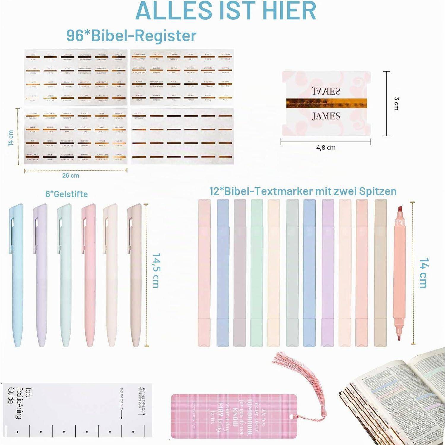 Produktlayout mit enthaltenen Bibel-Zubehör: 96 Registerkarten für Bücher, 12 doppelseitige Textmarker, 6 Gelschreiber, ein rosa Lesezeichen und eine Bibel.