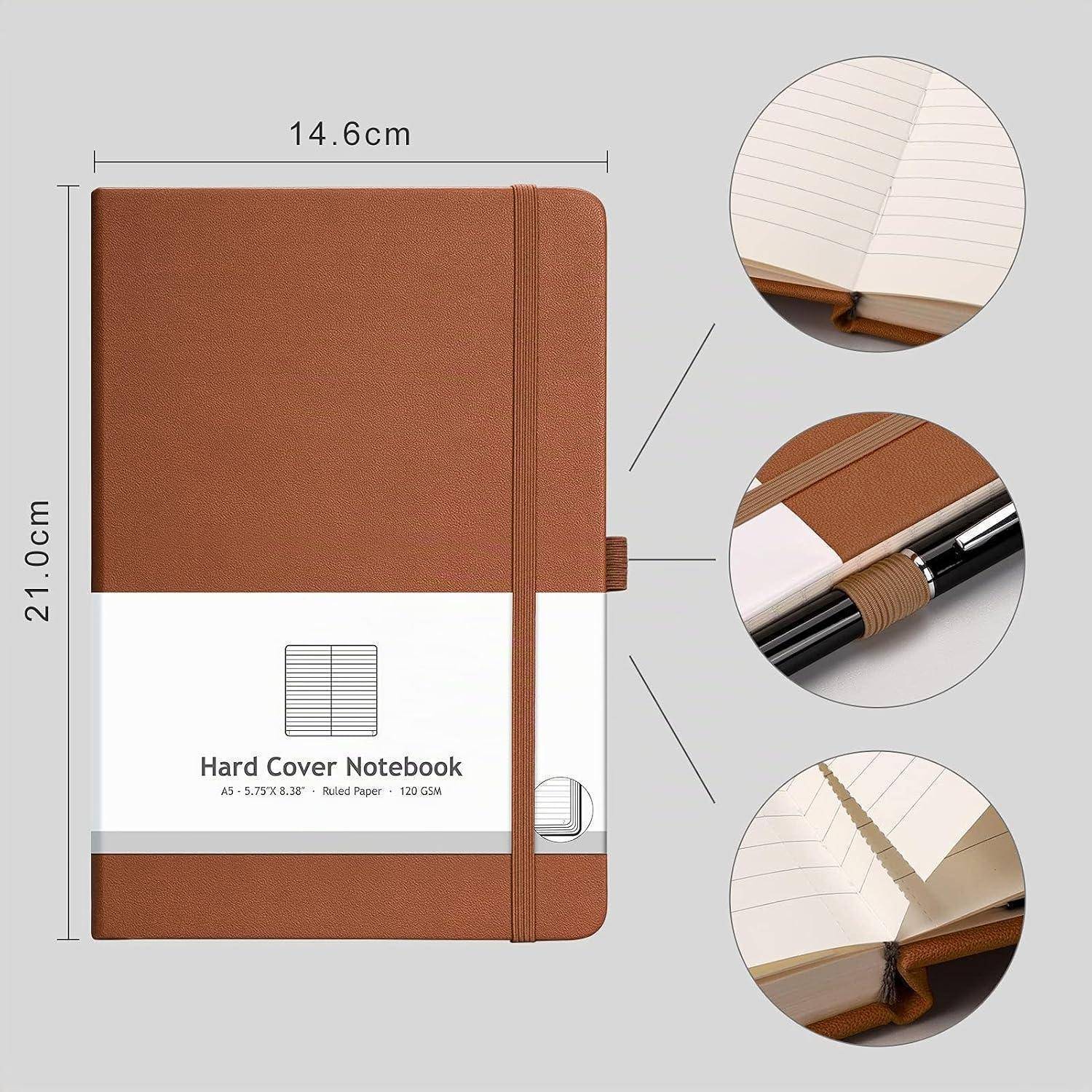 Braunes Hardcover-Notizbuch mit Gummiband und Lesezeichen, gezeigt mit Abmessungen von 21,0 cm x 14,6 cm und Nahaufnahmen von linierten Seiten und Stiftschlaufe.
