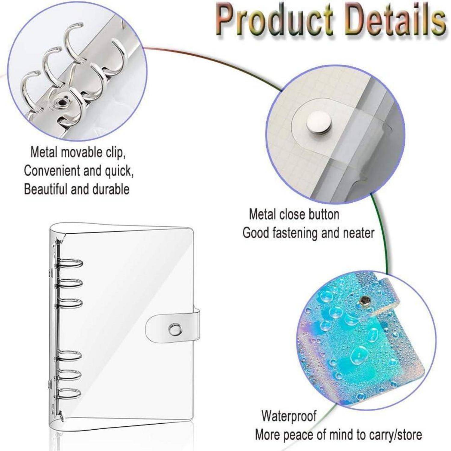 Produktdetails für eine durchsichtige Ringbindertasche: beweglicher Metallclip, Druckknopf aus Metall und wasserdichtes Material für sichere Aufbewahrung.