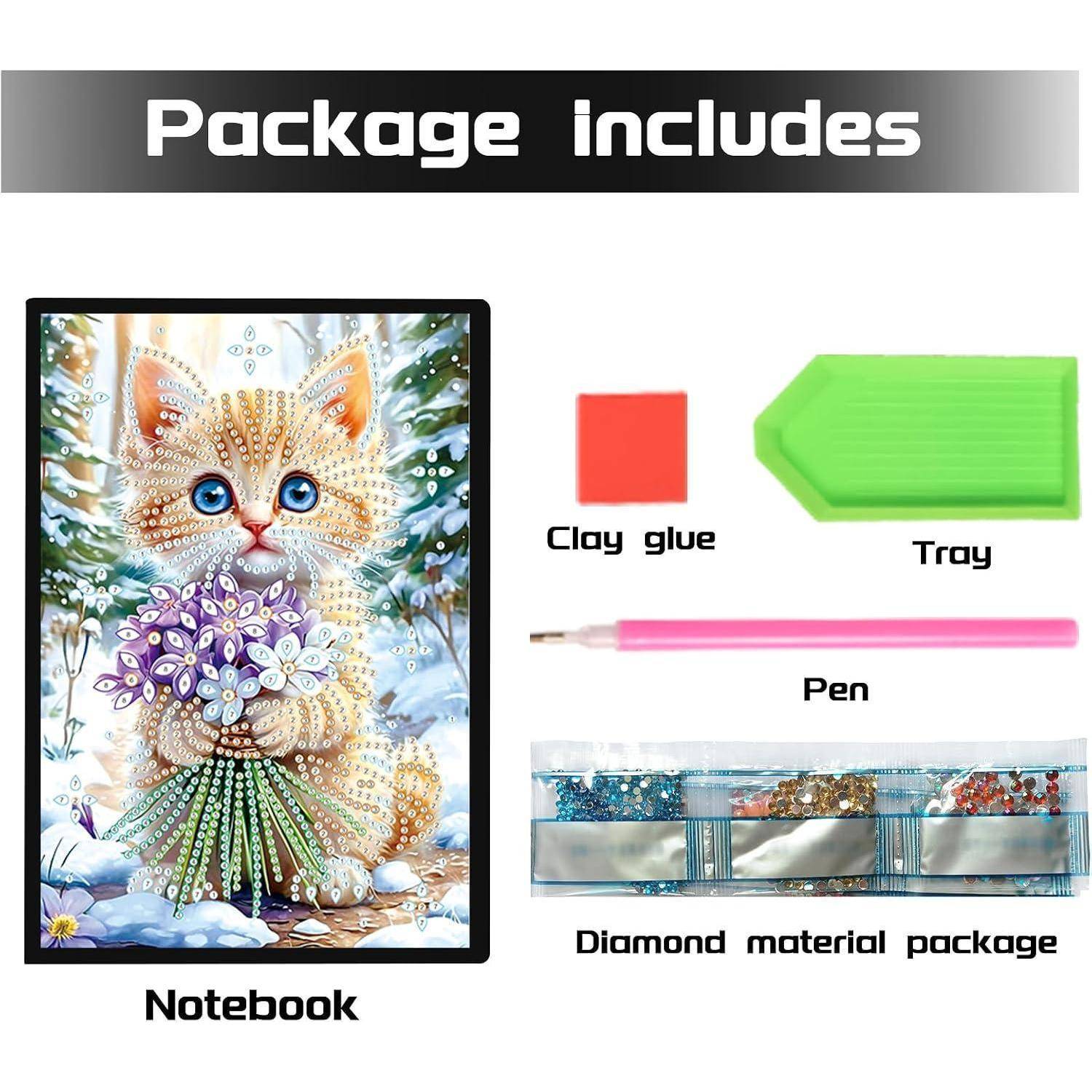 Diamantmalerei-Paket enthält Notizbuch, Tonkleber, Tablett, Stift und Diamantmaterialpaket, abgebildet neben einem Katzen-Notizbuchcover.