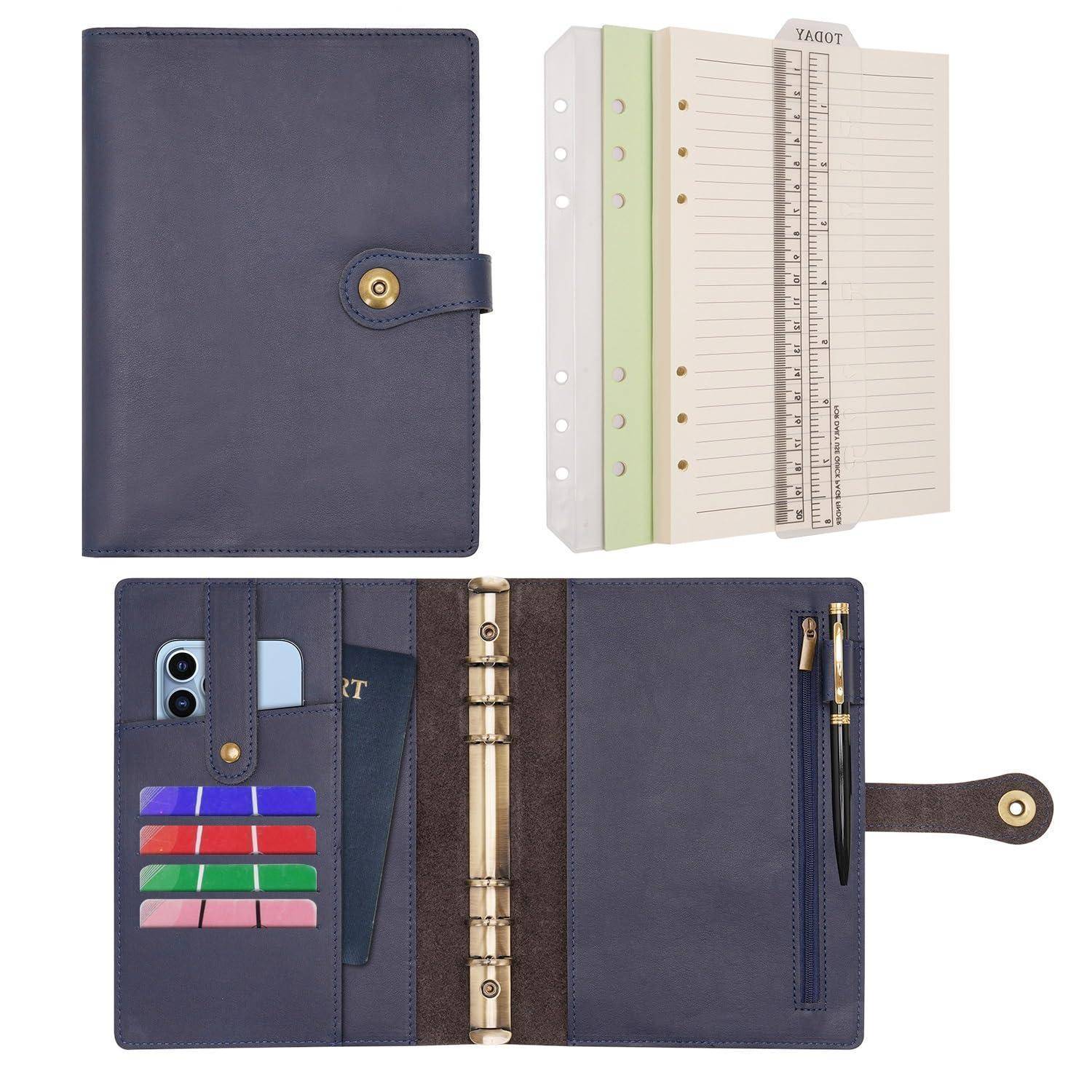Blauer Lederordner mit Druckknopfverschluss, Ringmechanismus, Registerkarten-Einsätze, Stifthalter, Kartensteckfächer und Handytasche, geschlossen und geöffnet dargestellt.
