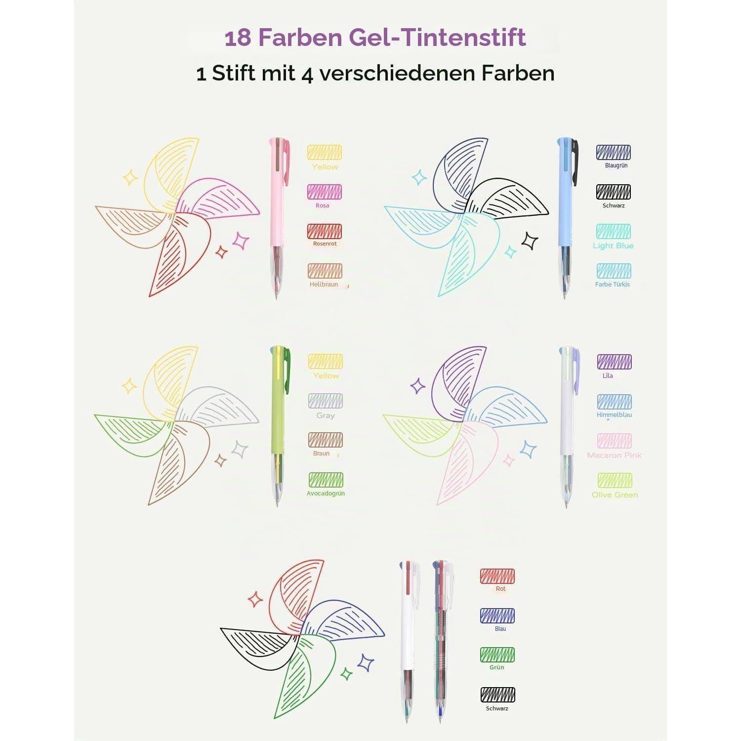 18 Farben Gel-Tintenstift und 1 Stift mit 4 verschiedenen Farben, mit sechs Stiftdesigns und mehrfarbigen Tintenmustern.