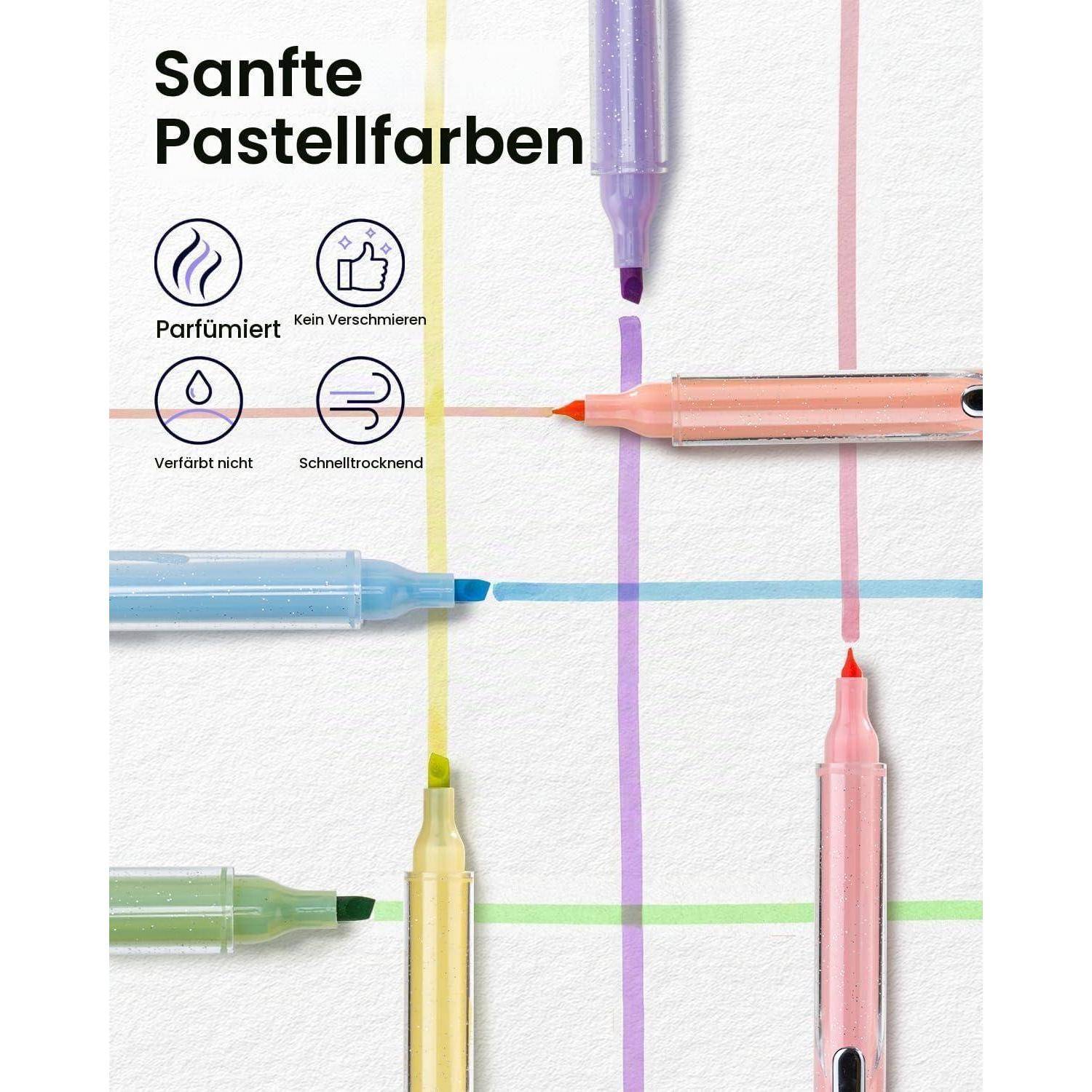 Anzeige für pastellfarbene Textmarker auf liniertem Papier, mit deutschem Text „Sanfte Pastellfarben