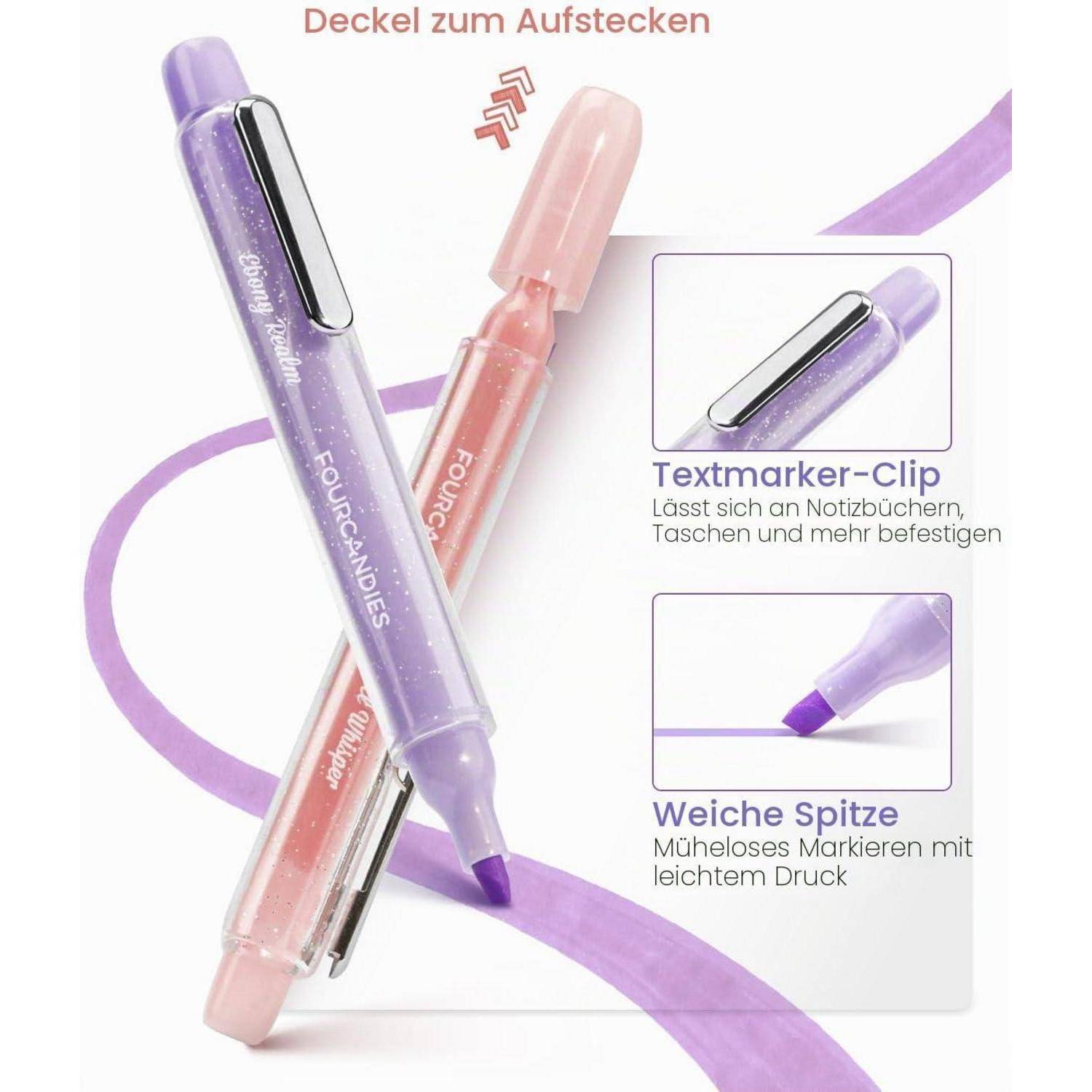 Werbebild von Faber-Castell Textmarkern mit Clipkappe und weicher Spitze, mit deutschen Beschriftungen „Textmarker-Clip
