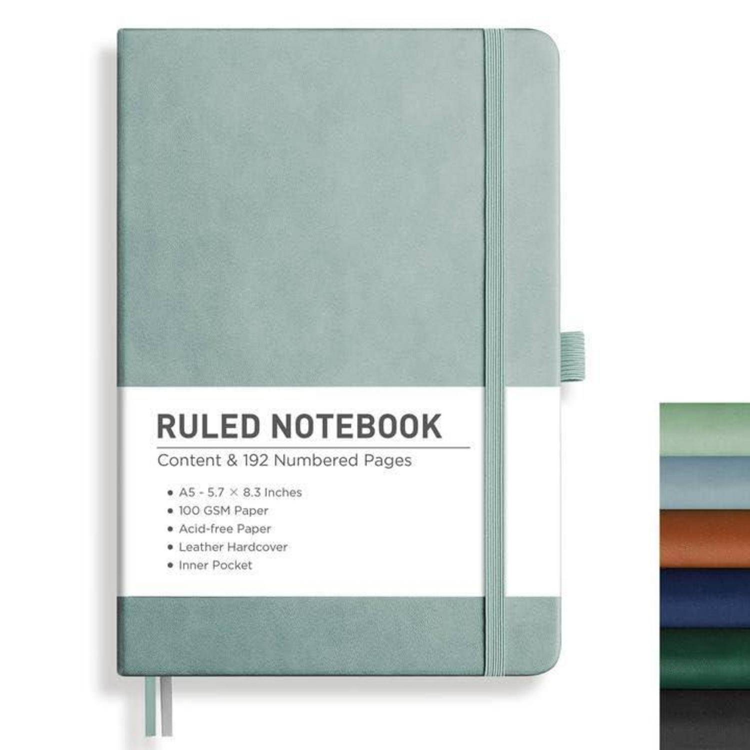 Mintgrünes Notizbuch mit Linien und Gummizug sowie Etikett mit der Aufschrift „RULED NOTEBOOK