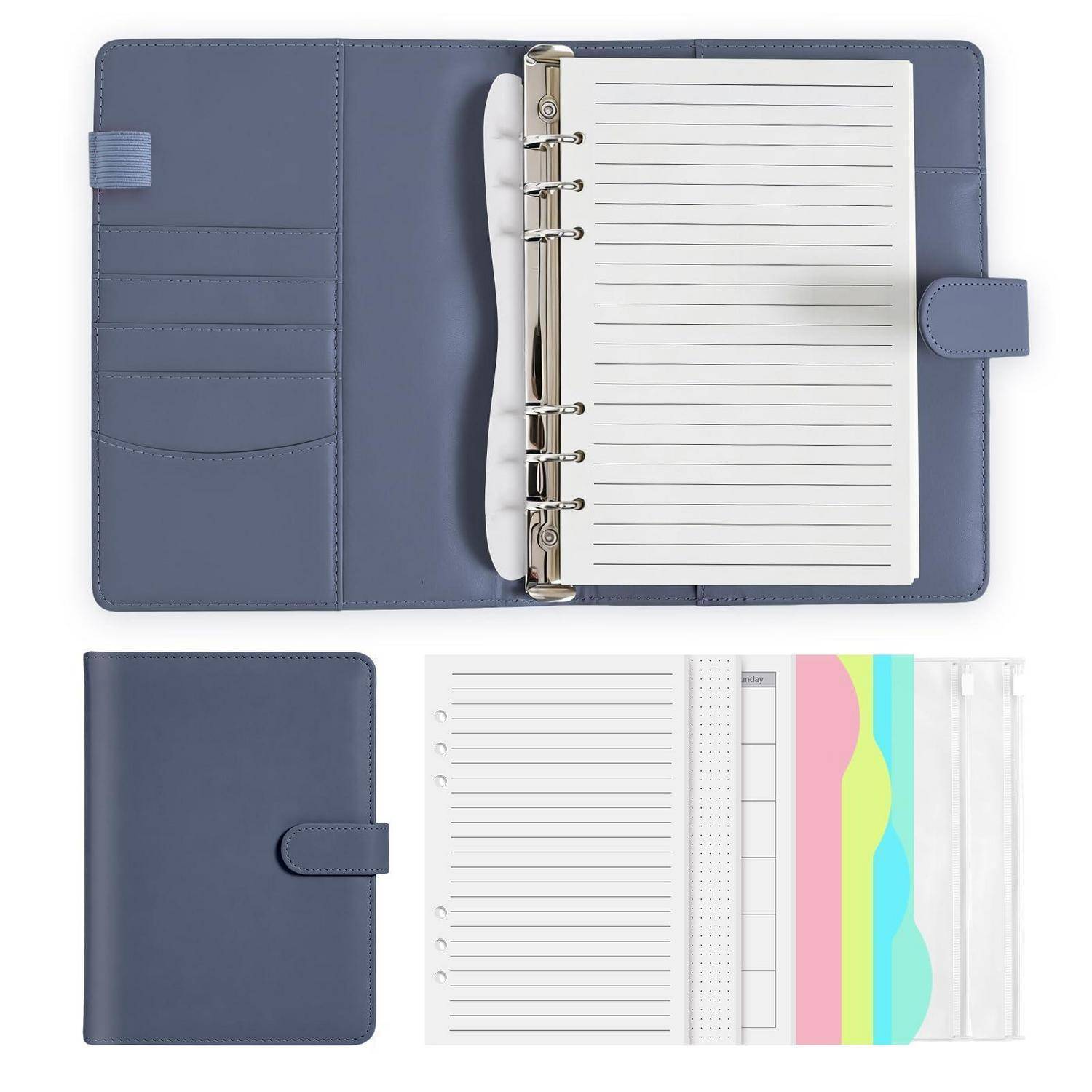 Ringbinder-Planer in Marineblau mit linierten Seiten und farbigen Trennreitern, oben aufgeklappt und unten geschlossen mit Nachfüllseiten dargestellt.