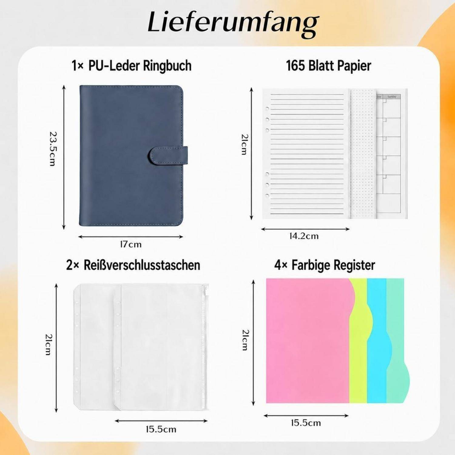Produktinhalts-Diagramm mit 1 PU-Leder-Ringbinder, 165 Blatt Papier, 2 Reißverschlusstaschen und 4 farbigen Trennblättern mit Abmessungen.