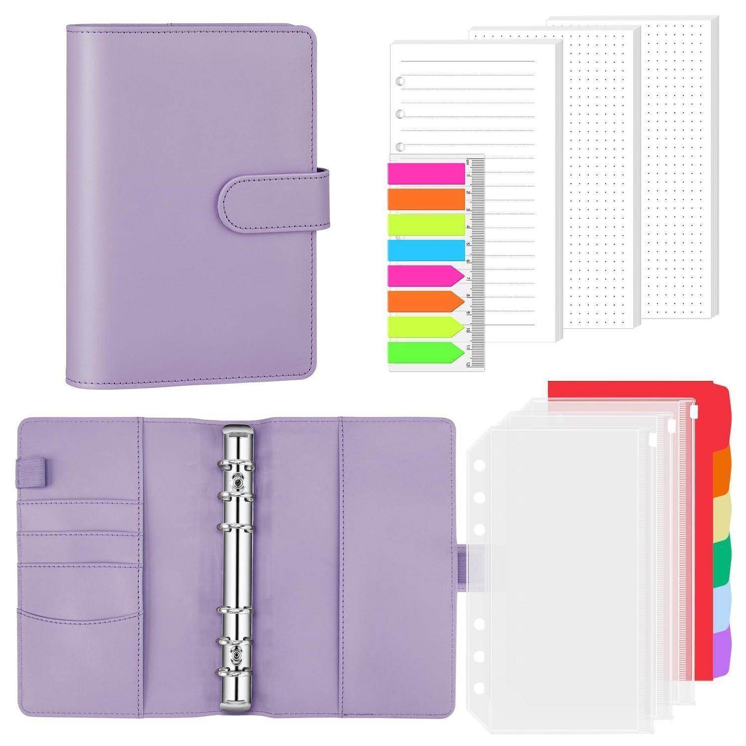 Lila Ringbinder-Planer Organizer mit liniierten Seiten, Registerblättern und farbigen Registermarken, geschlossen und offen mit Einsätzen dargestellt.