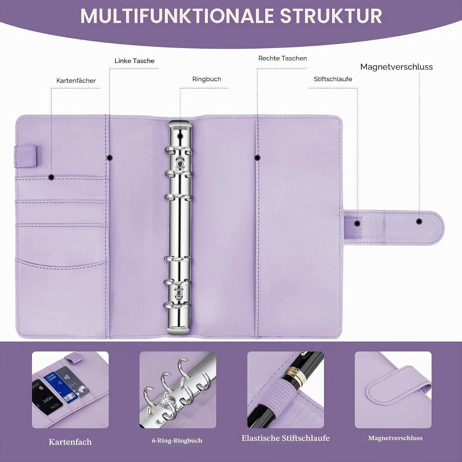 Ringordner-Organizer aus Lavendel, geöffnet dargestellt, mit beschrifteten Kartentaschen, linken und rechten Taschen, Schlaufenhalter für Stifte und Magnetverschluss; eingefügte Nahaufnahmen heben diese Funktionen hervor.