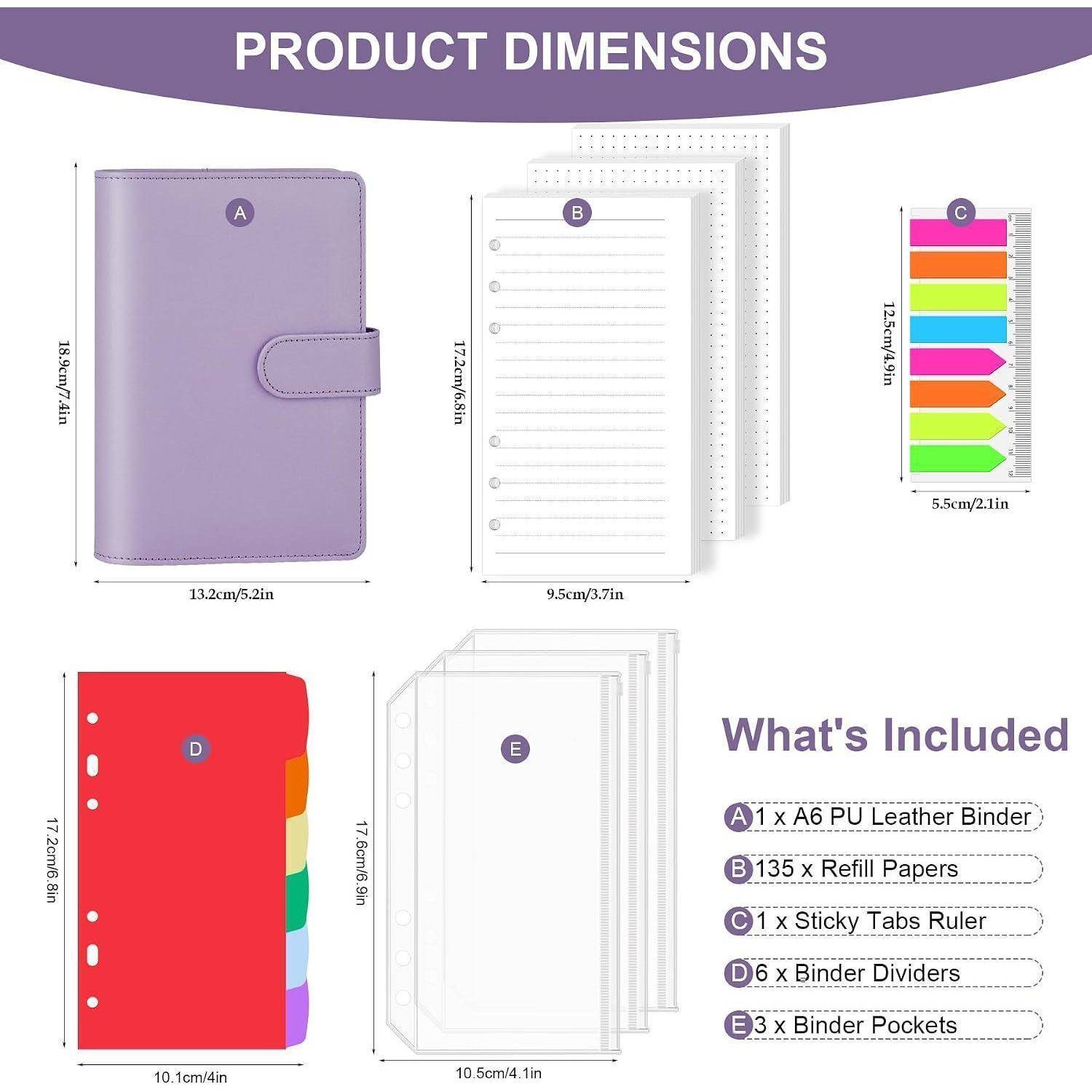 AKONEGE Ringbuch A6 PU-Leder nachfüllbares Notizbuch mit 135 Blatt 6 Löcher A6-Nachfüllpapier, Bindertaschen, Trennblätter, Haftmarkern, Planer-Or