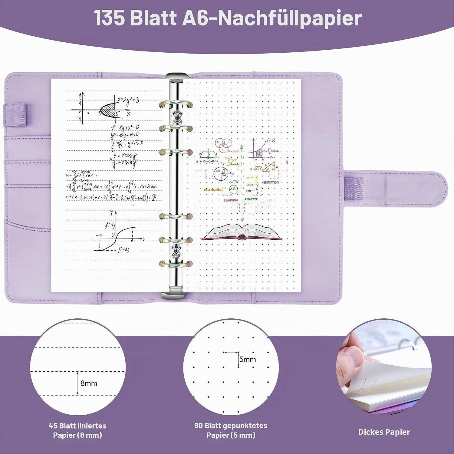 Lavendelringbinder-Notizbuch mit Nachfüllseiten offen; Text lautet „135 Blatt A6-Nachfüllpapier