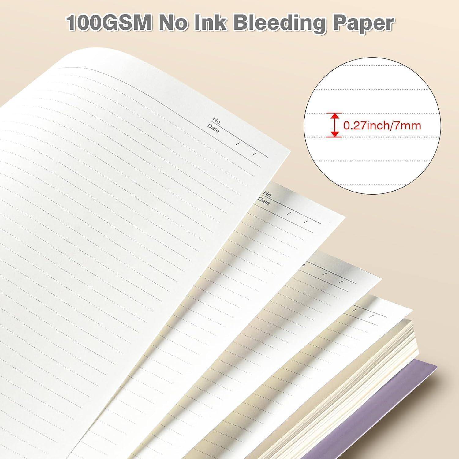 Stapel von linierten Notizbuchseiten mit der Bezeichnung „100GSM-Papier ohne Tintenbluten