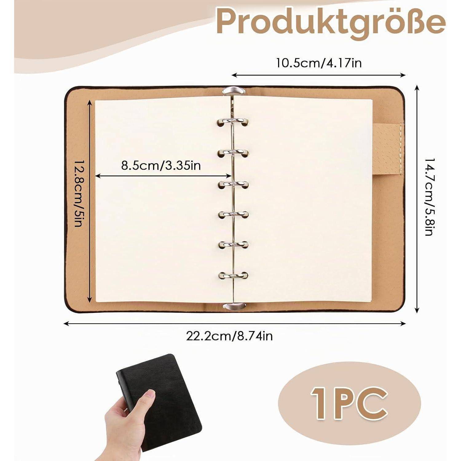 Produktgrößendiagramm eines kleinen spiralgebundenen Notizbuchs: 22,2 x 14,7 cm Gesamtgröße, 10,5 x 8,5 cm Seitengröße, mit einer Hand zum Vergleich gezeigt und mit 1 Stk. gekennzeichnet.