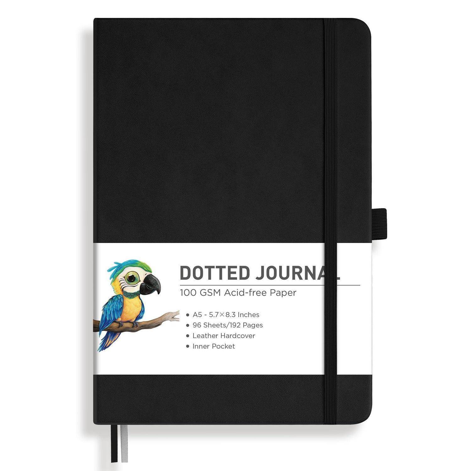 Schwarzes Hardcover-Notizbuch mit Punktraster, Gummiband, Vogelillustration und Etikett mit Angabe von 100 g/m² säurefreiem Papier, Format A5, 96 Blatt/192 Seiten.