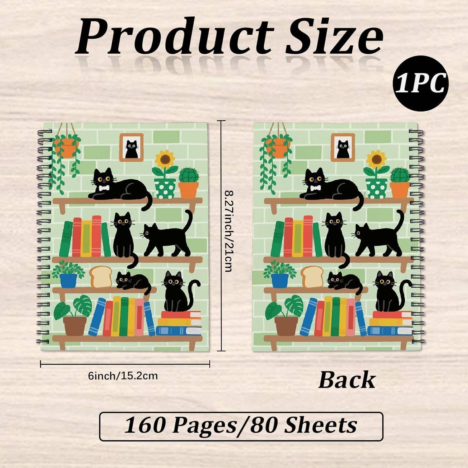 Größentabelle für Spiralblöcke mit Vorder- und Rückseite-Designs mit schwarzem Katzen-Bücherregal-Kunstwerk; Größe 6 x 8,27 Zoll, 160 Seiten/80 Blätter.