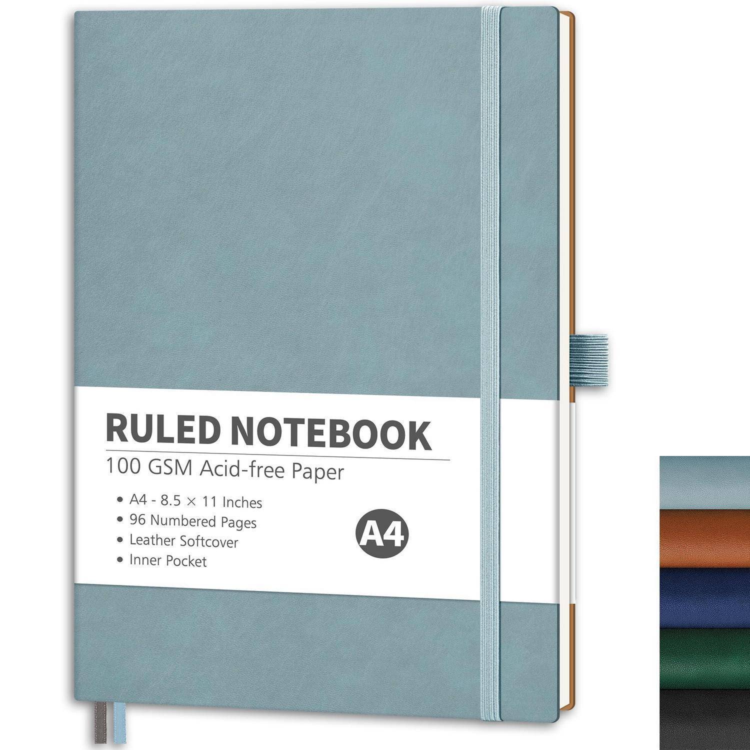 Blau liniertes A4-Notizbuch mit Gummiband und weißem Etikett mit der Aufschrift „LINIERTES NOTIZBUCH