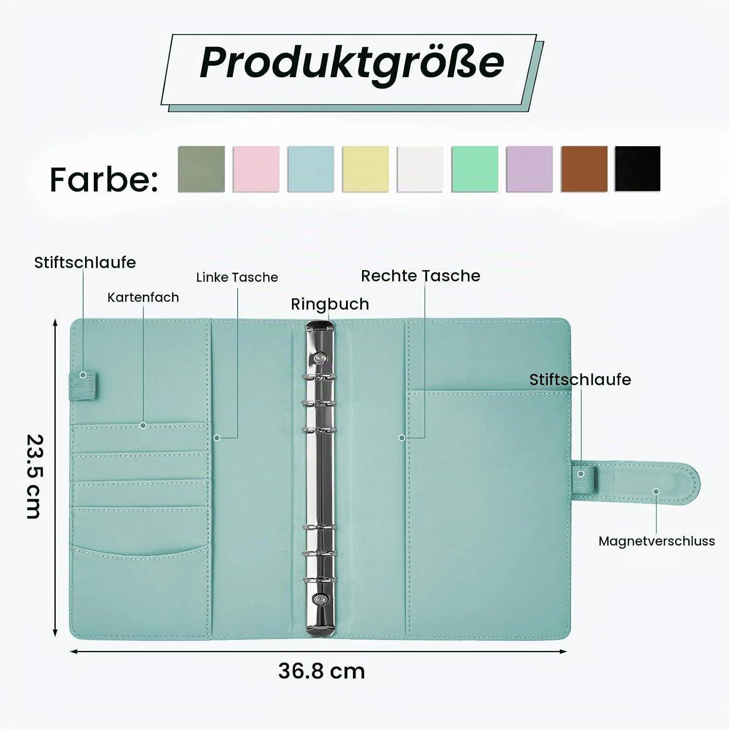 Größendiagramm eines Ringordnerorganizers mit Farboptionen und beschrifteten Funktionen: Stiftschlaufen, Kartensteckplatz, linke und rechte Taschen, Magnetverschluss, 36,8 cm breit und 23,5 cm hoch.