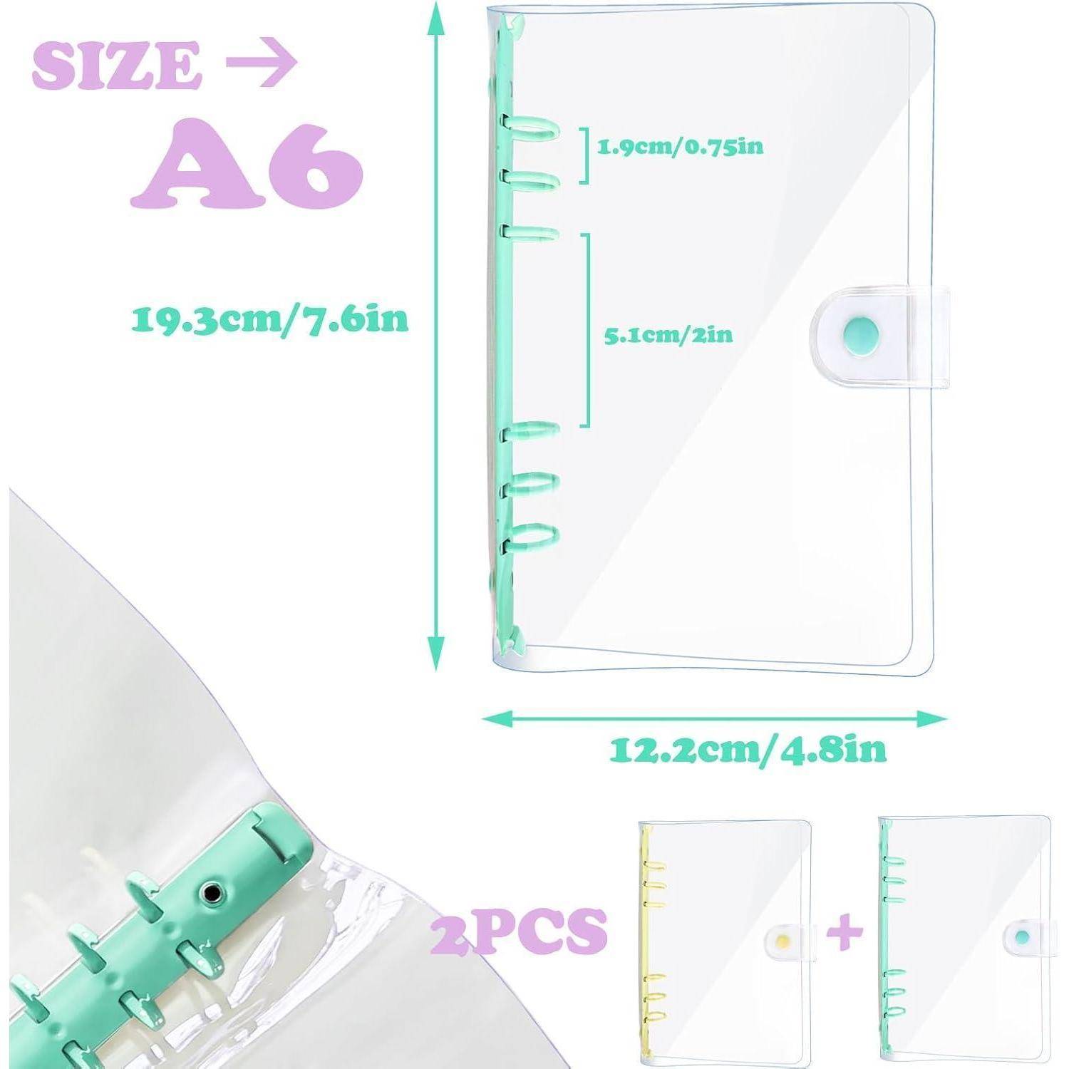 A6 durchsichtiger Ringbinder-Notizbucheinband, 19,3 x 12,2 cm, 2er Set in Mint und gelben Akzenten.