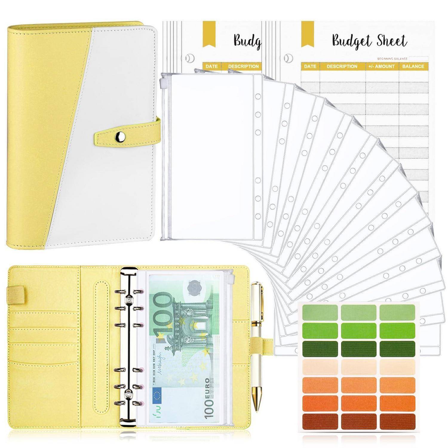 Gelber Budget-Ordner mit Nachfüllseiten, Budget-Blatt, Stift, Bargeldtasche und Farbmuster, die Planerzubehör zeigen.