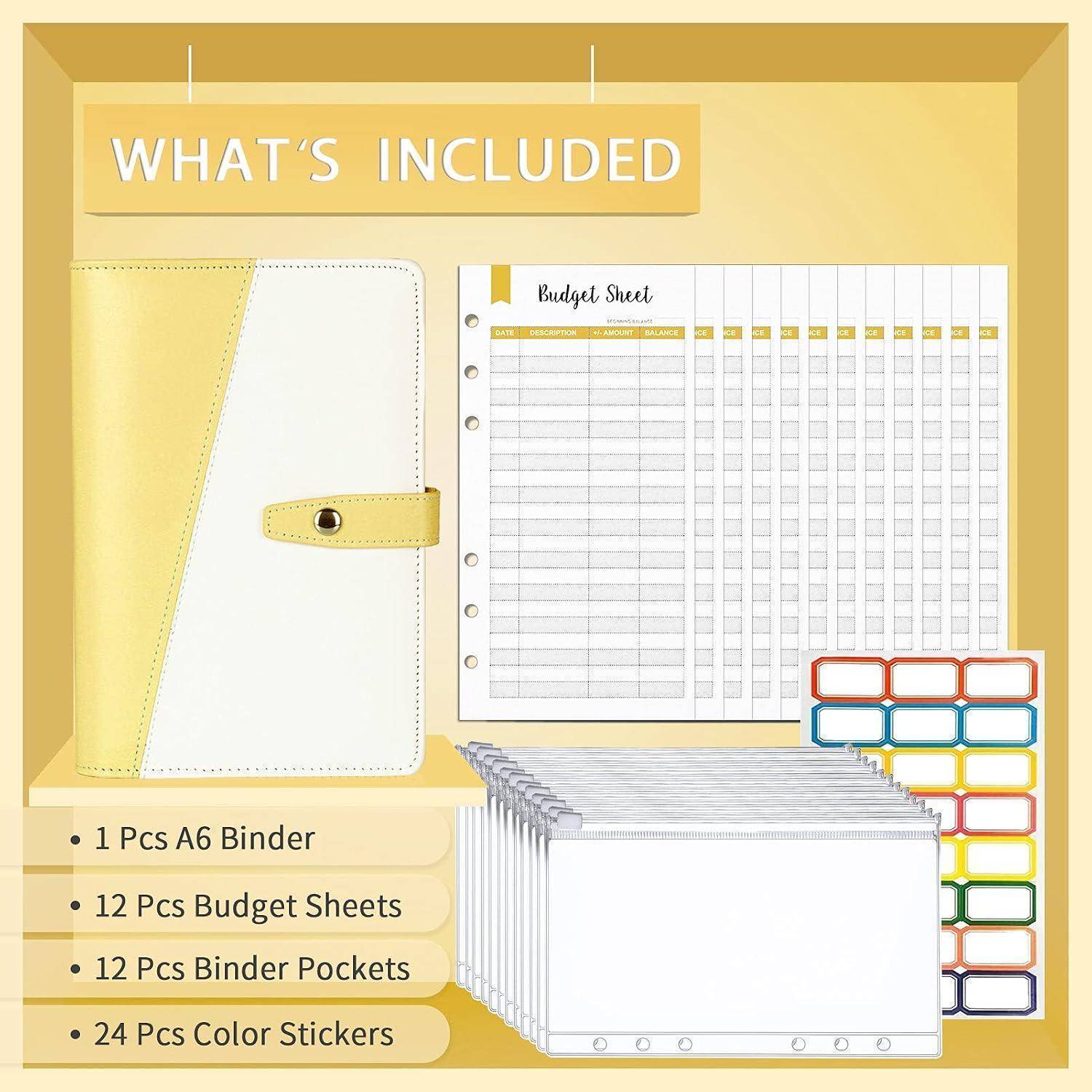 Produktinhalt-Grafik mit einem A6-Ordner, 12 Budget-Blättern, 12 Ordner-Taschen und 24 farbigen Aufklebern.