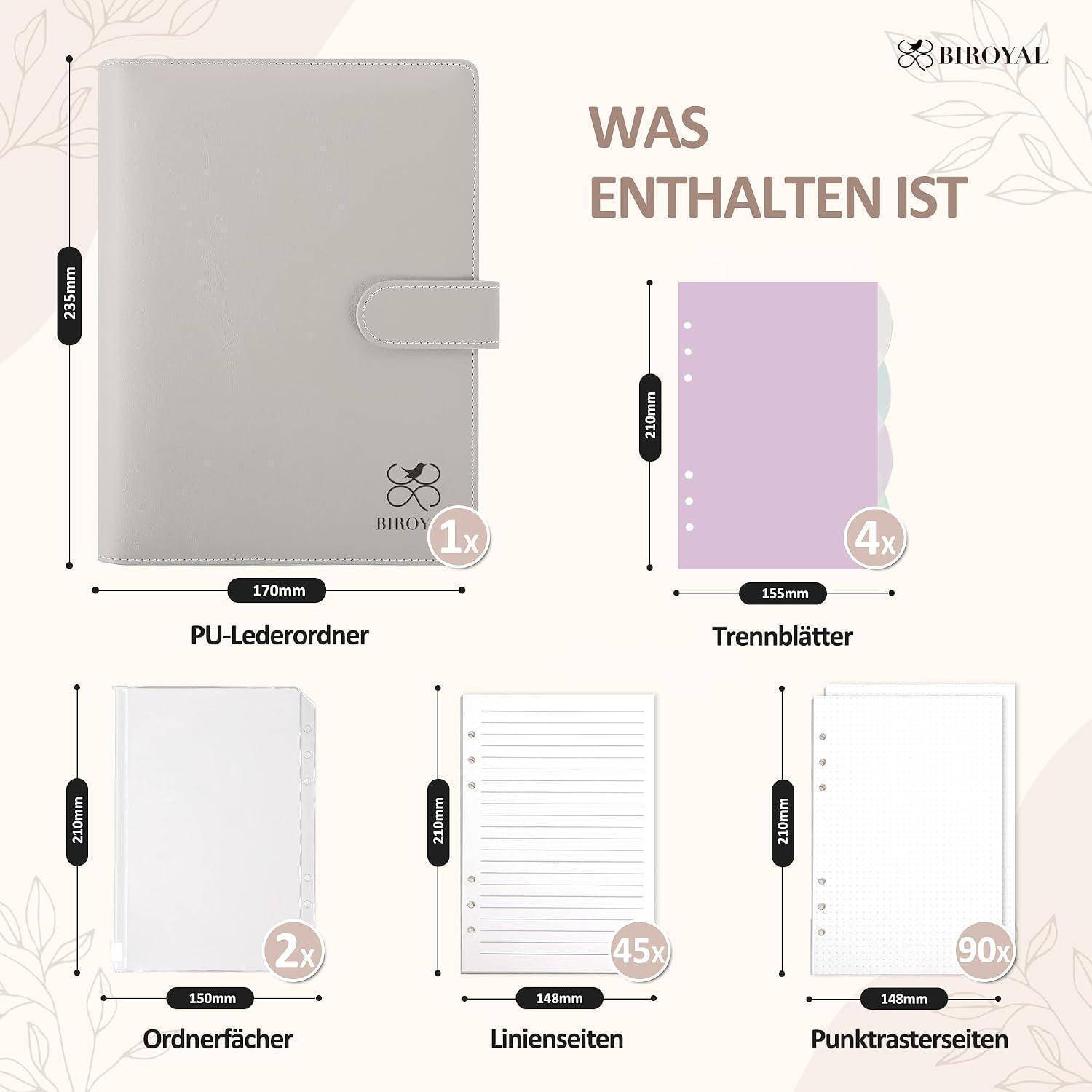 BIROYAL Notizbuch Ringbuch A5 Nachfüllbar, 6 Loch A5 Binder, Beige | PU Ringordner A5 mit 135 Blatt Nachfüllpapier, mehrere Fächer, Flexibel anordn