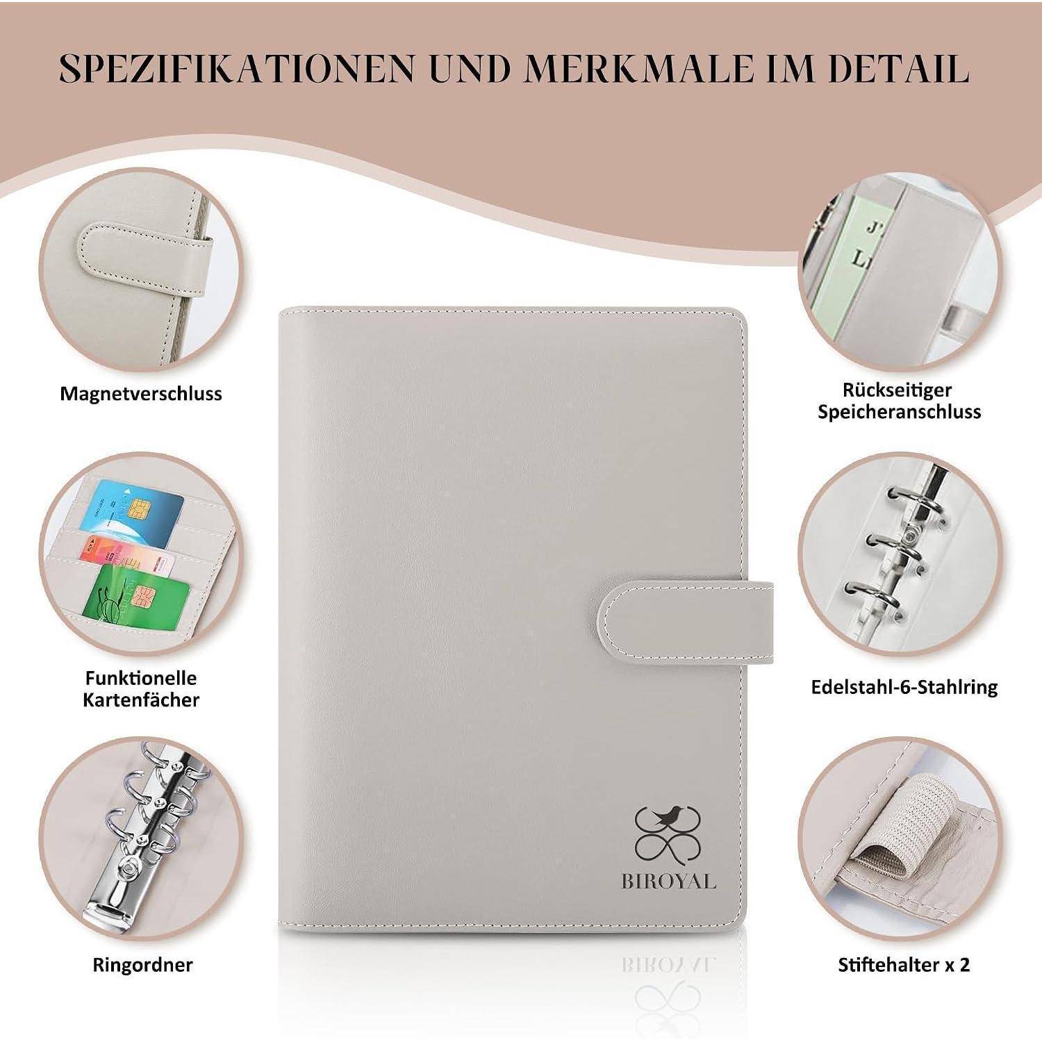 Beige BIROYAL Ringbinder-Organizer mit Magnetverschluss, Rückenschlitz, Kartentaschen, 6-Loch-Mechanismus und 2 Stifthaltern.