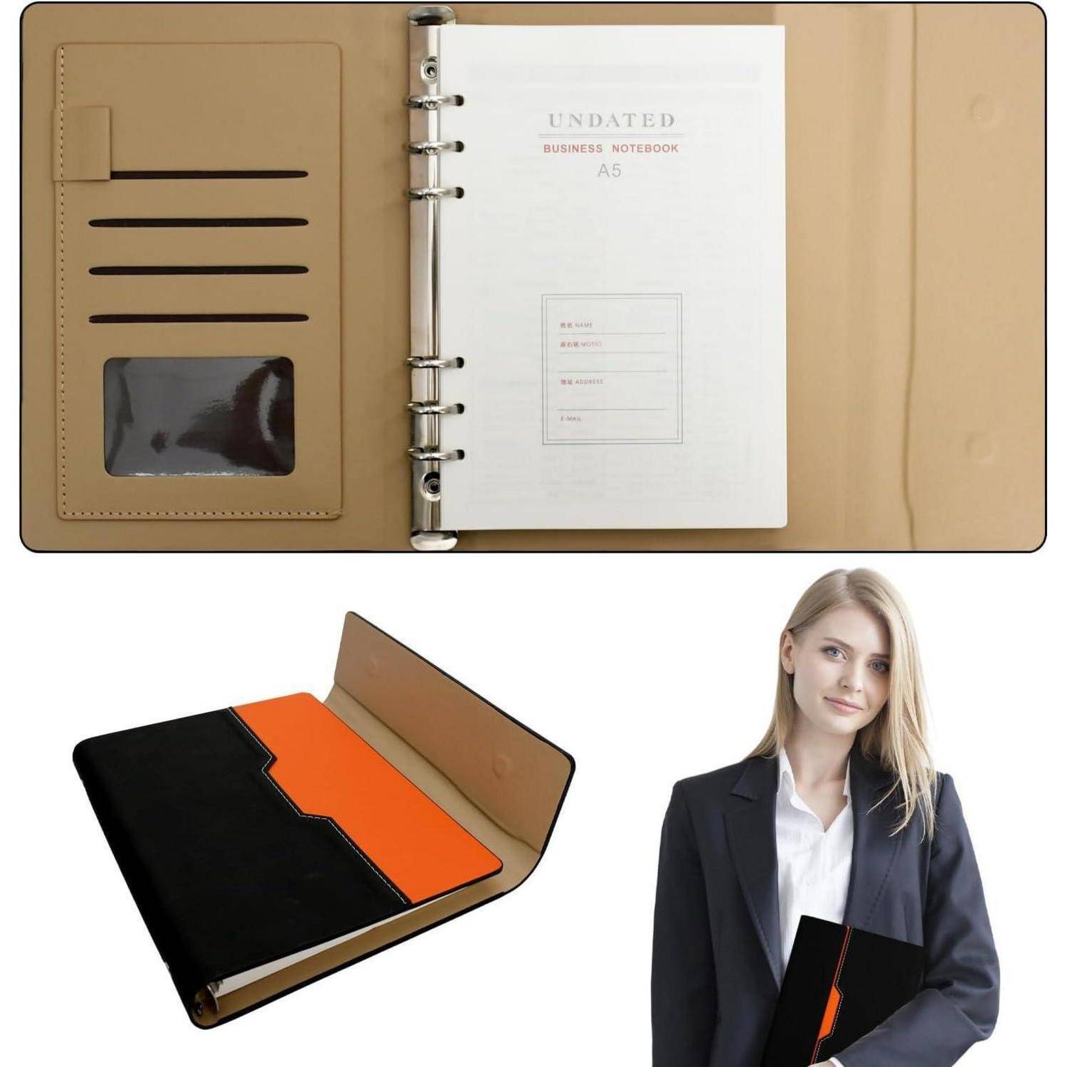 Produktfoto eines A5-Ringbuchs-Geschäftsnotizbuches mit beigefarbenem Umschlag, Kartenfächern und innerer Tasche, offen und geschlossen gezeigt, von einer Frau im Anzug gehalten.