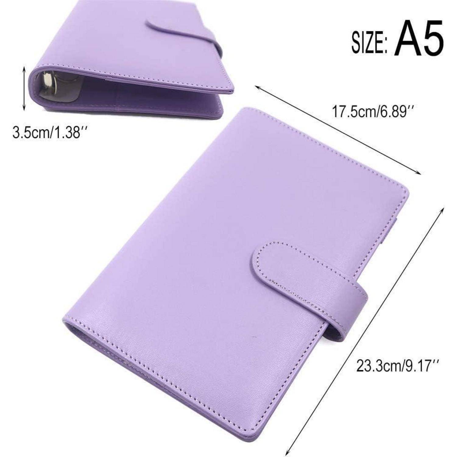 Notizbuch oder Planer in Lavendelfarbe im A5-Format, geschlossen und offen dargestellt, mit beschrifteten Abmessungen von 17,5 cm x 23,3 cm x 3,5 cm.