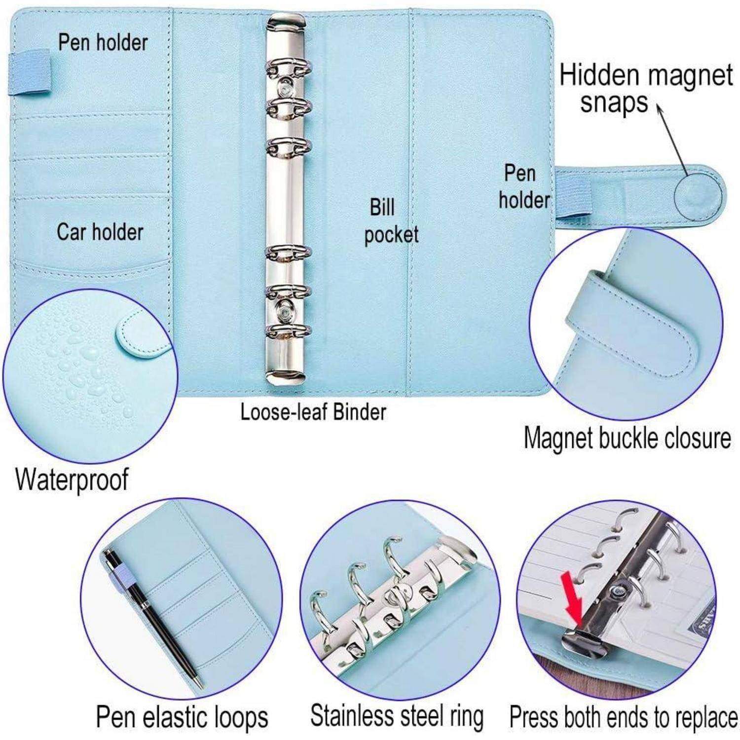 Kommentiertes Bild eines hellblauen Ringbuchs mit losem Blatt, das einen Stifthalter, einen Autohalter, ein Rechnungsfach, wasserdichtes Material, elastische Schlaufen, Stahlringe und einen magnetischen Schnallenverschluss zeigt.