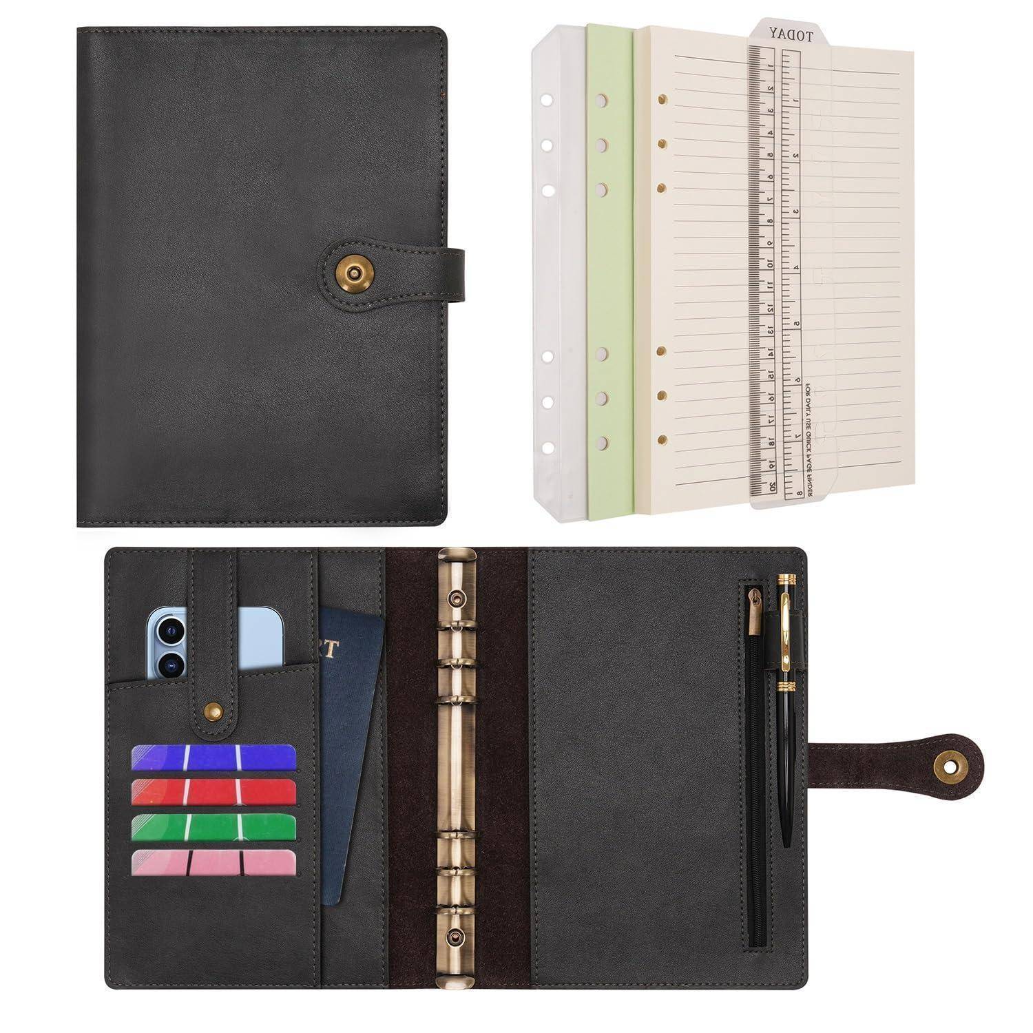 Schwarzes Lederplaner-Notizbuch, geschlossen gezeigt, offen mit liniierten Seiten und Lineal, und innen mit Kartensteckplätzen, Taschen, Stifthaltern und Ringbinder.