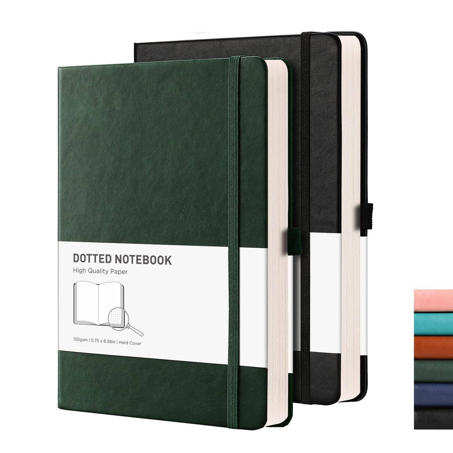 Zwei Hardcover-Notizbücher mit Punktraster und elastischen Verschlüssen, eines grün vorne und eines schwarz hinten, als Produktabbildung dargestellt.