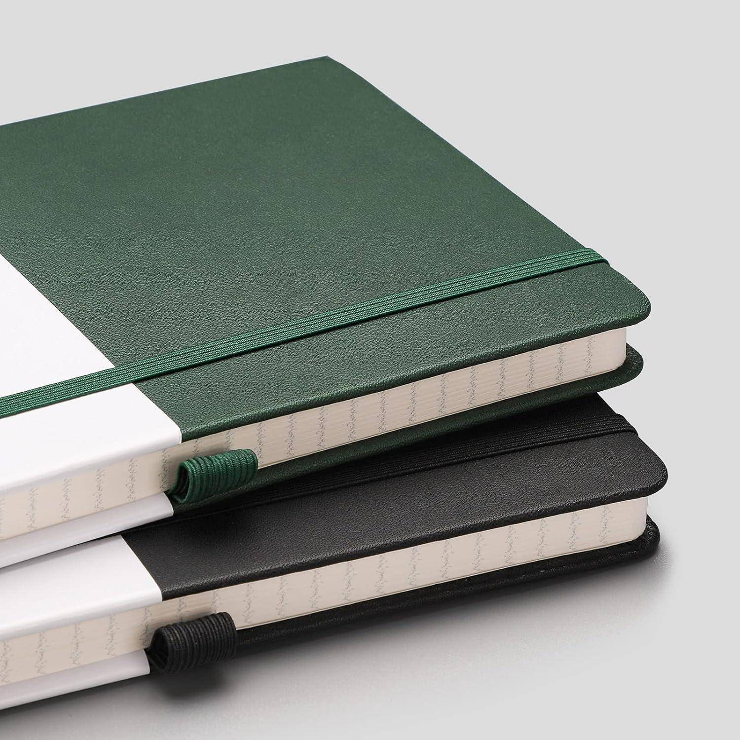Stapel geschlossener Notizbücher mit grünen, schwarzen und weißen Umschlägen, teilweise übereinanderliegend auf einem einfachen grauen Hintergrund dargestellt.