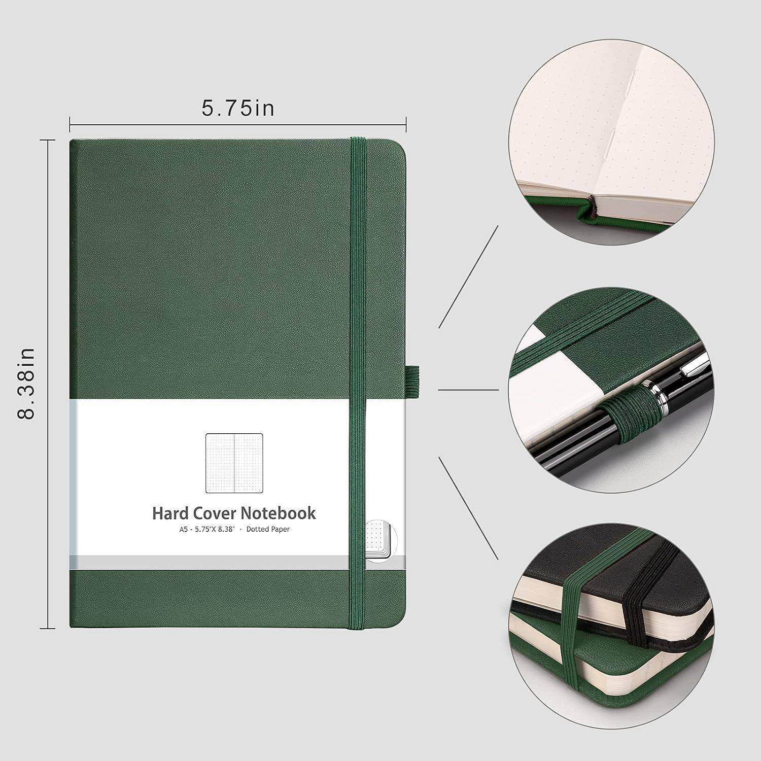 Grünes Hardcover-Notizbuch mit Gummiband, gezeigt mit Abmessungen von 5,75 Zoll x 8,38 Zoll und Nahaufnahmen der Bindungs- und Banddetails.