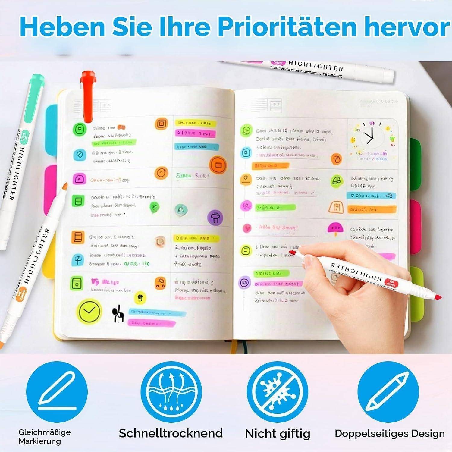 Offenes Planernotizbuch mit farblich hervorgehobenen Notizen und einer Hand, die schreibt, um Textmarker mit gleichmäßigem Tintenfluss, schnell trocknend, ungiftig und doppelseitigem Design zu bewerben.